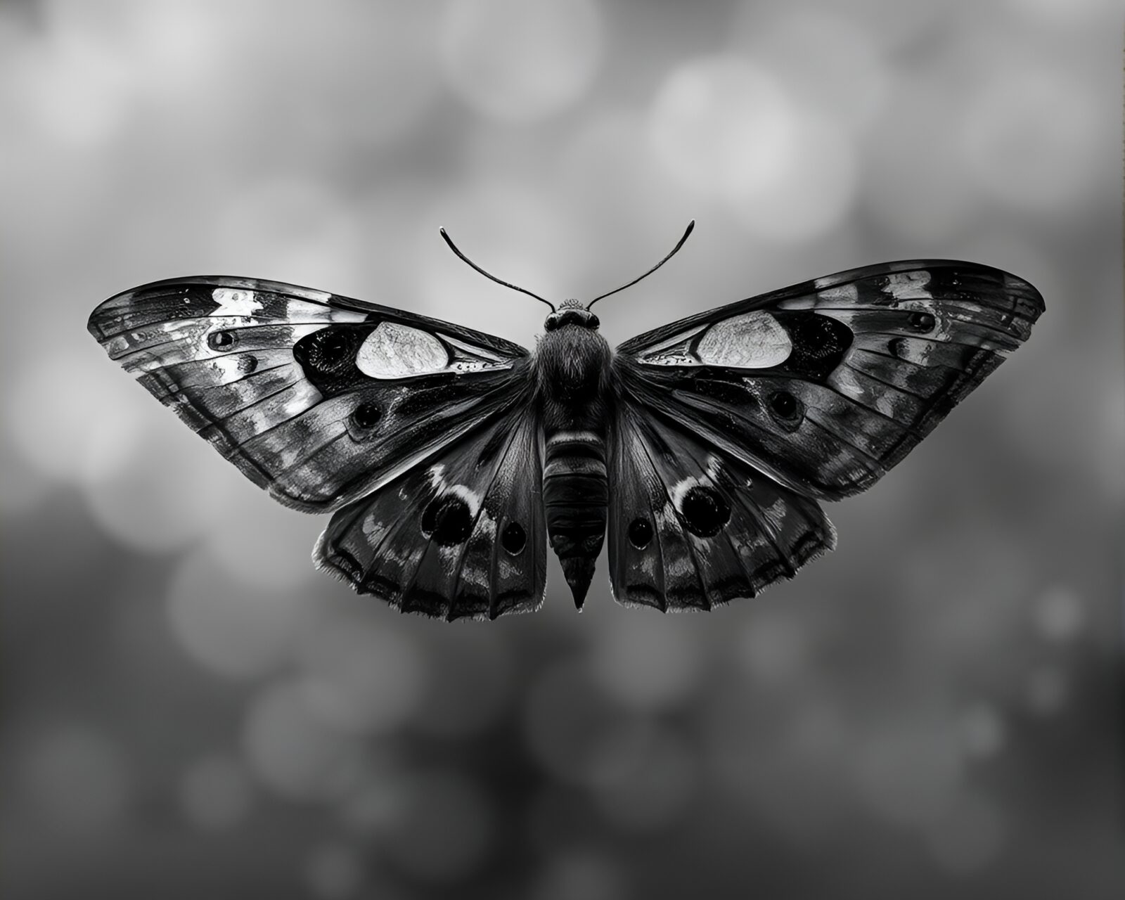 Intricate fractal moth design in murky black and white.