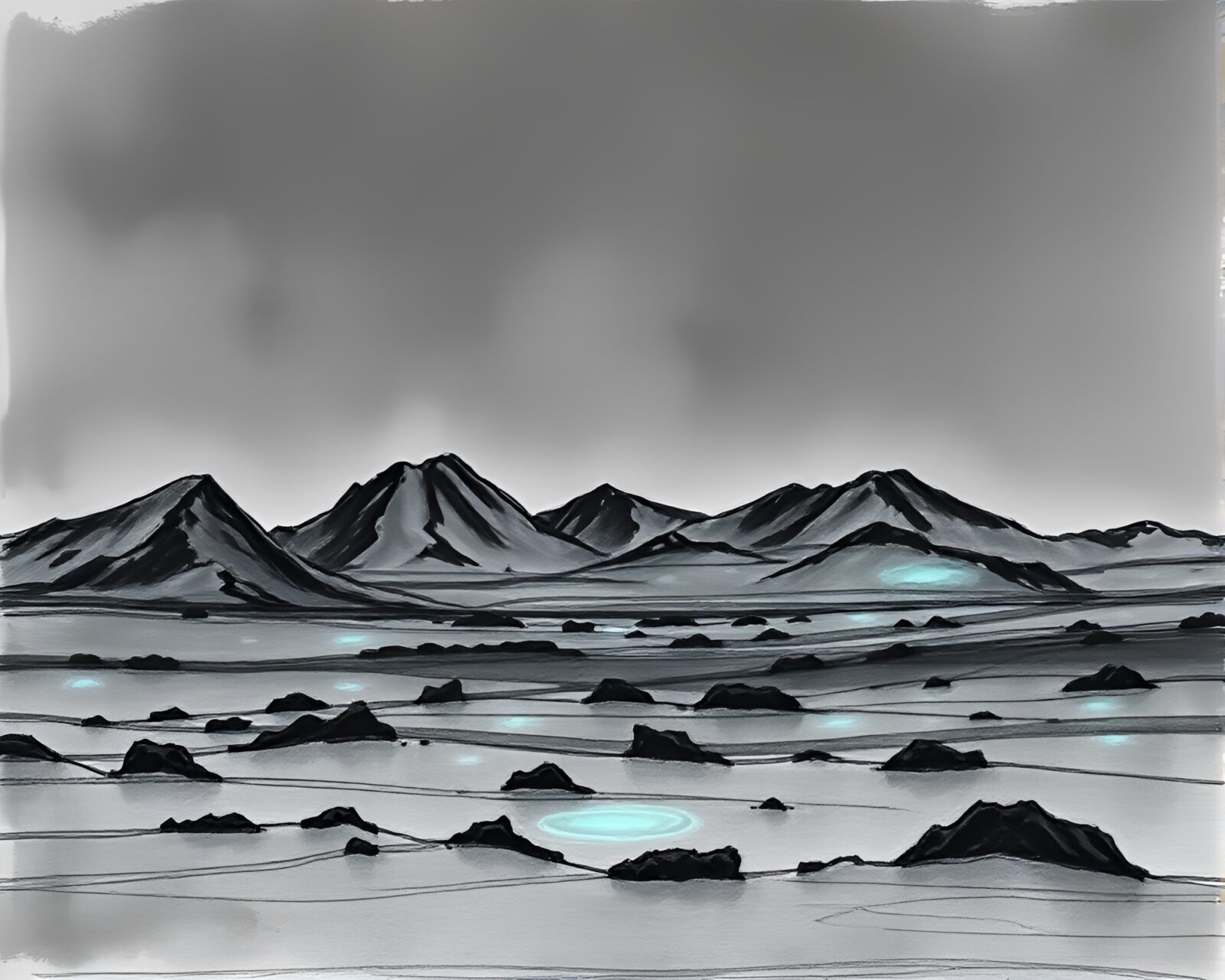 Torn edges frame glowing, icy landscape in detailed charcoal drawing