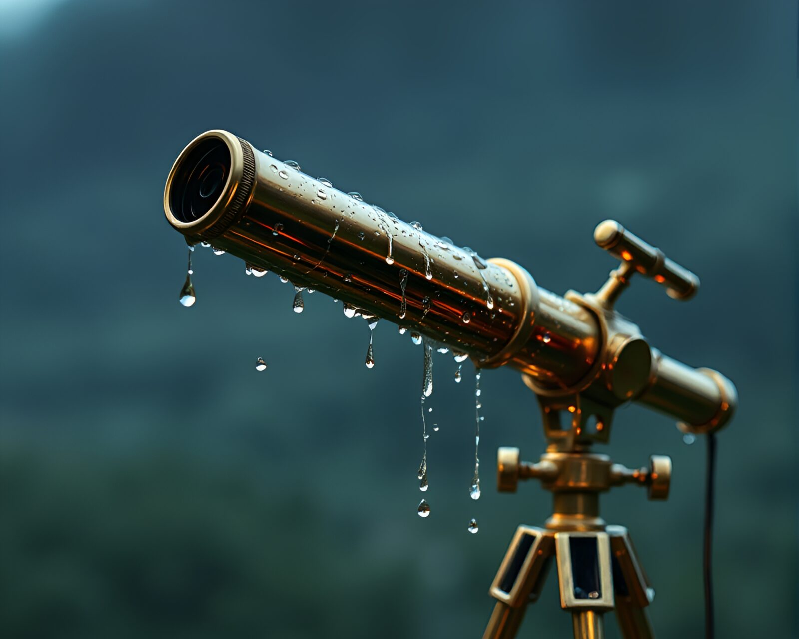 Op art makeover on a vintage brass telescope with dew drops