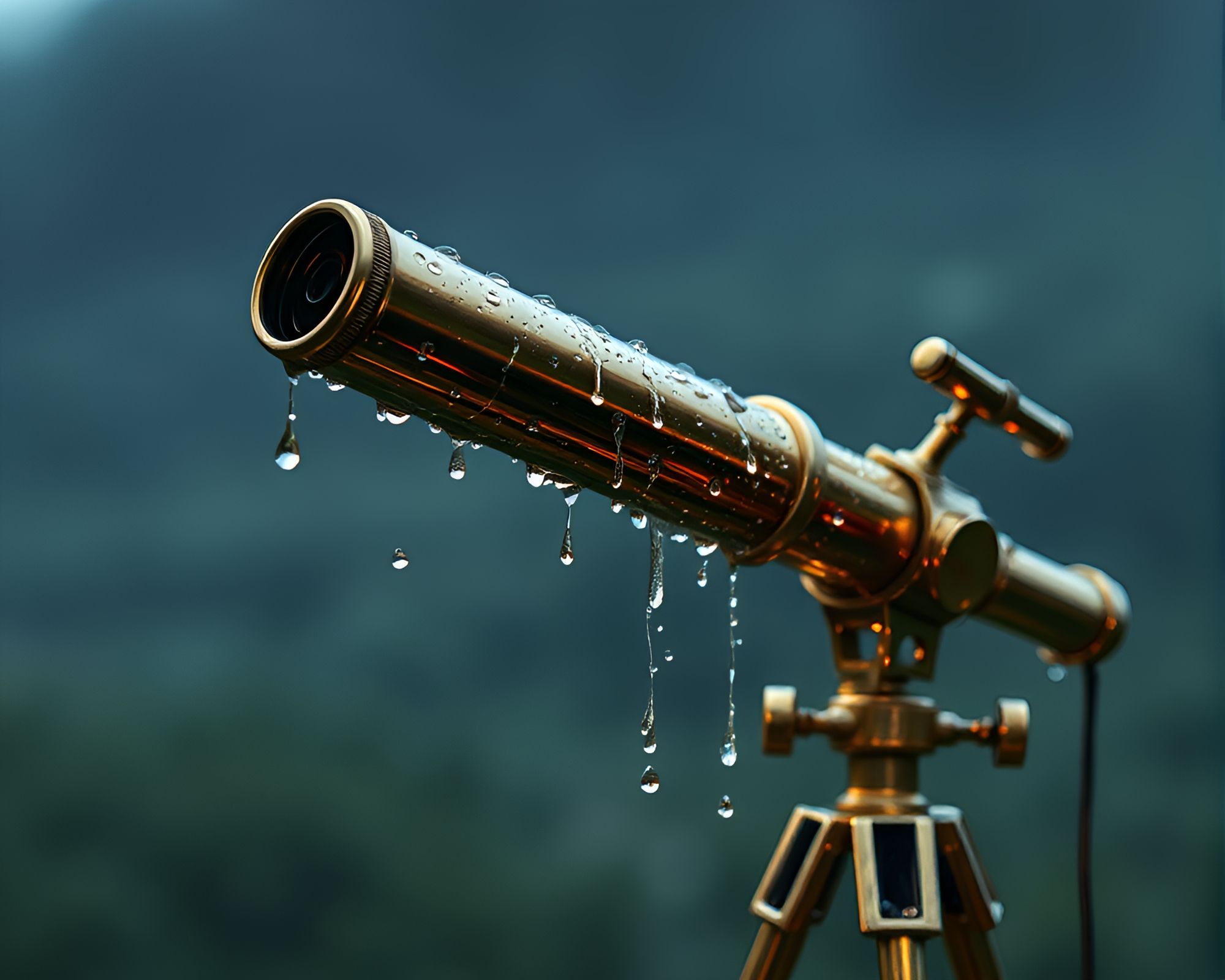Glistening Dew Drops on Brass Telescope: Op Art Fantasy – free AI stock image