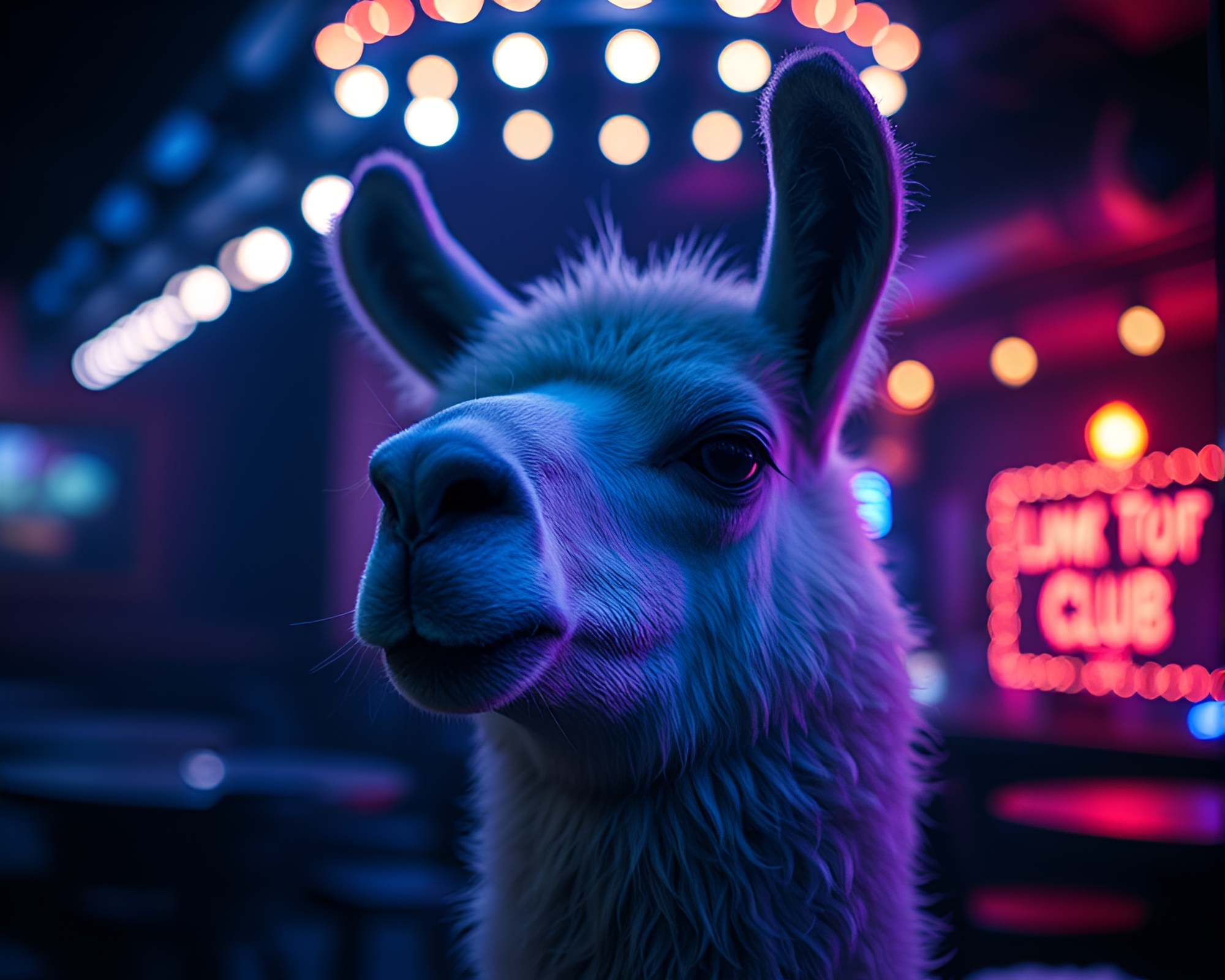 Split Focus Llama at Procedural Club Lights – free AI stock image