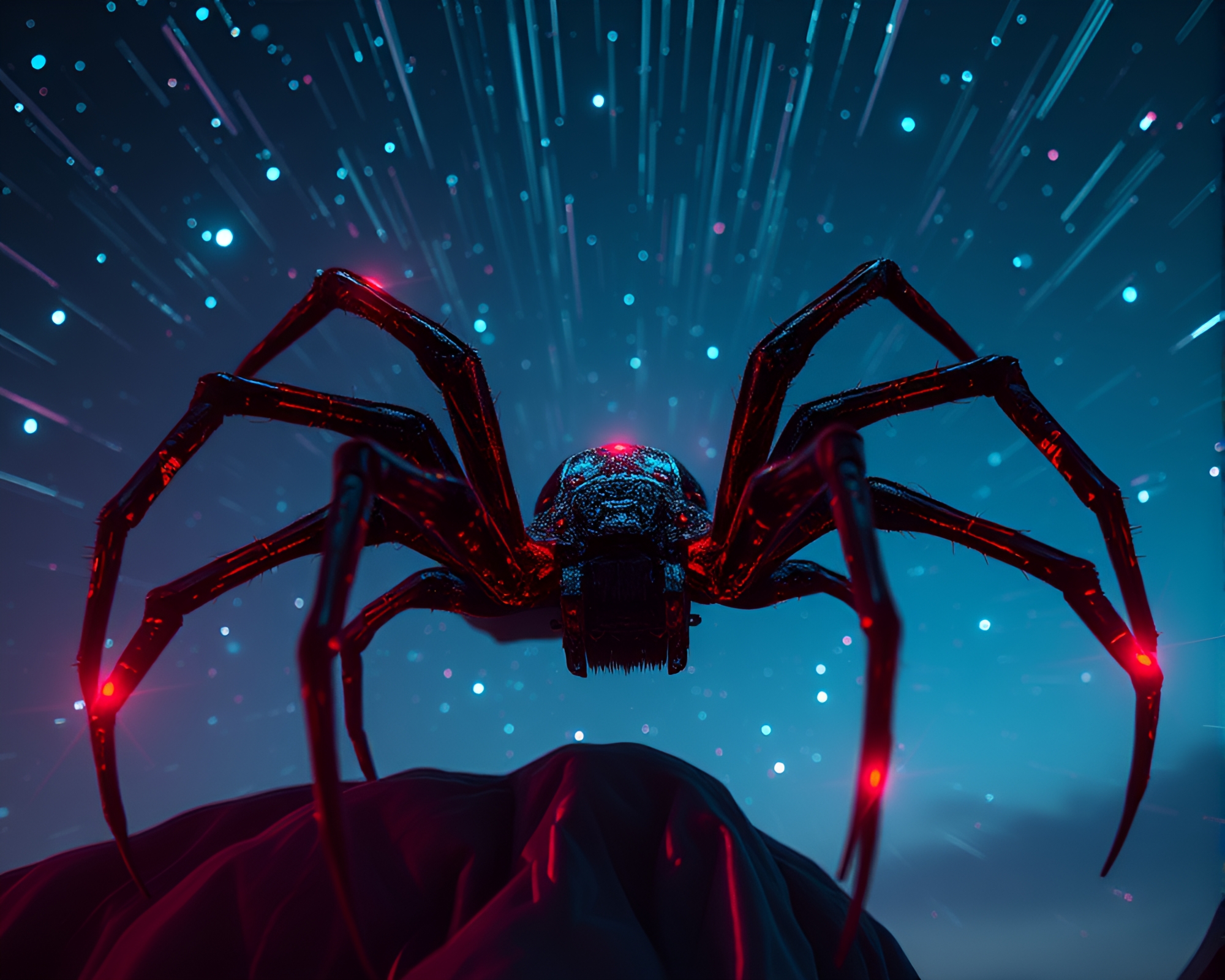 Digital Noise Mechanical Spider in Retrowave Starlit Sky – free AI stock image