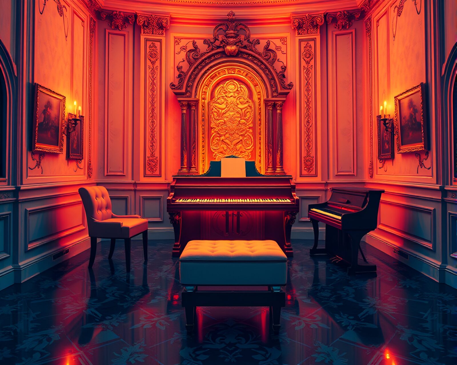Regal symmetrical piano room in thermal imaging glow
