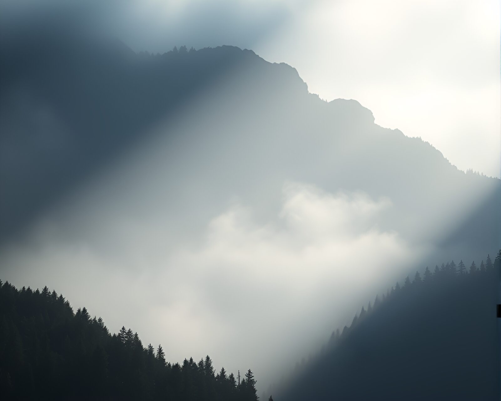Mountain peak emerging from swirling mist in pointillist dots