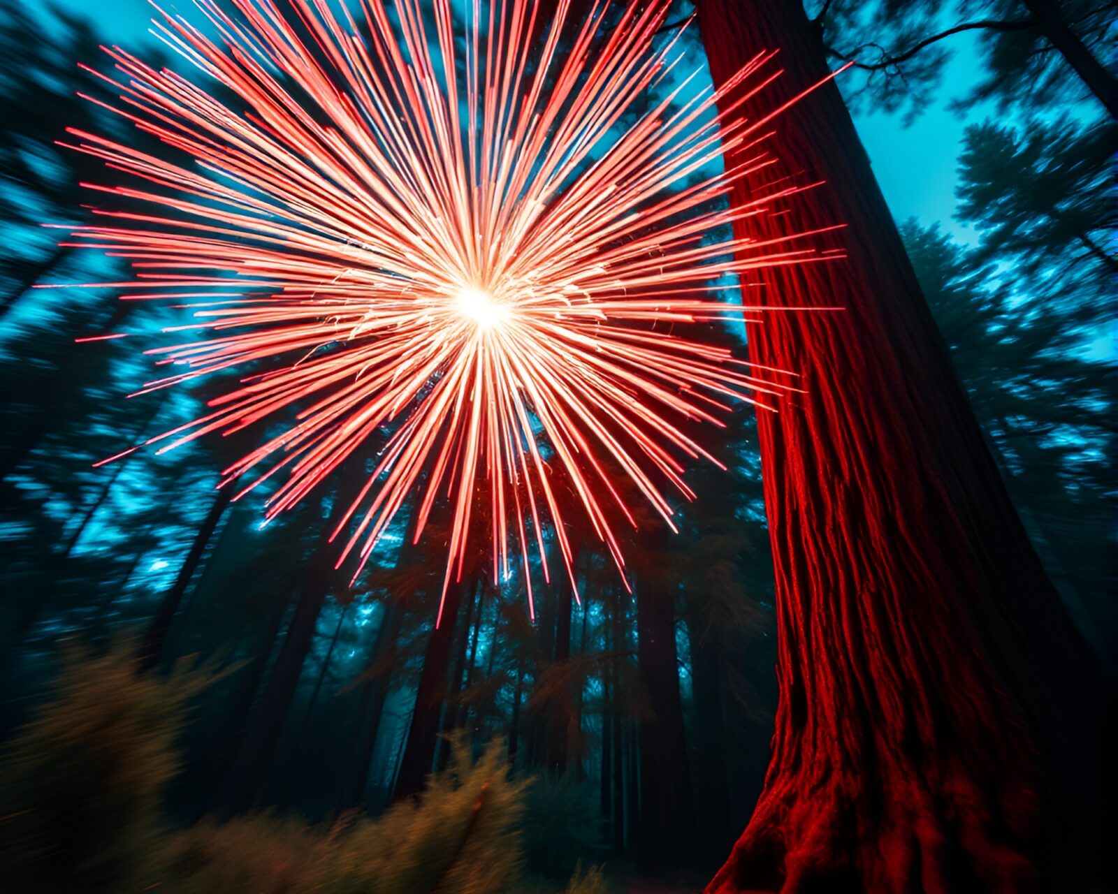 Motion blurred redwood tree with fireworks bursts above