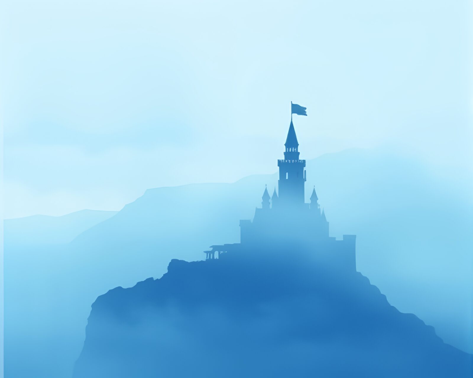 Majestic paper cutout castle engulfed in serene blue fog