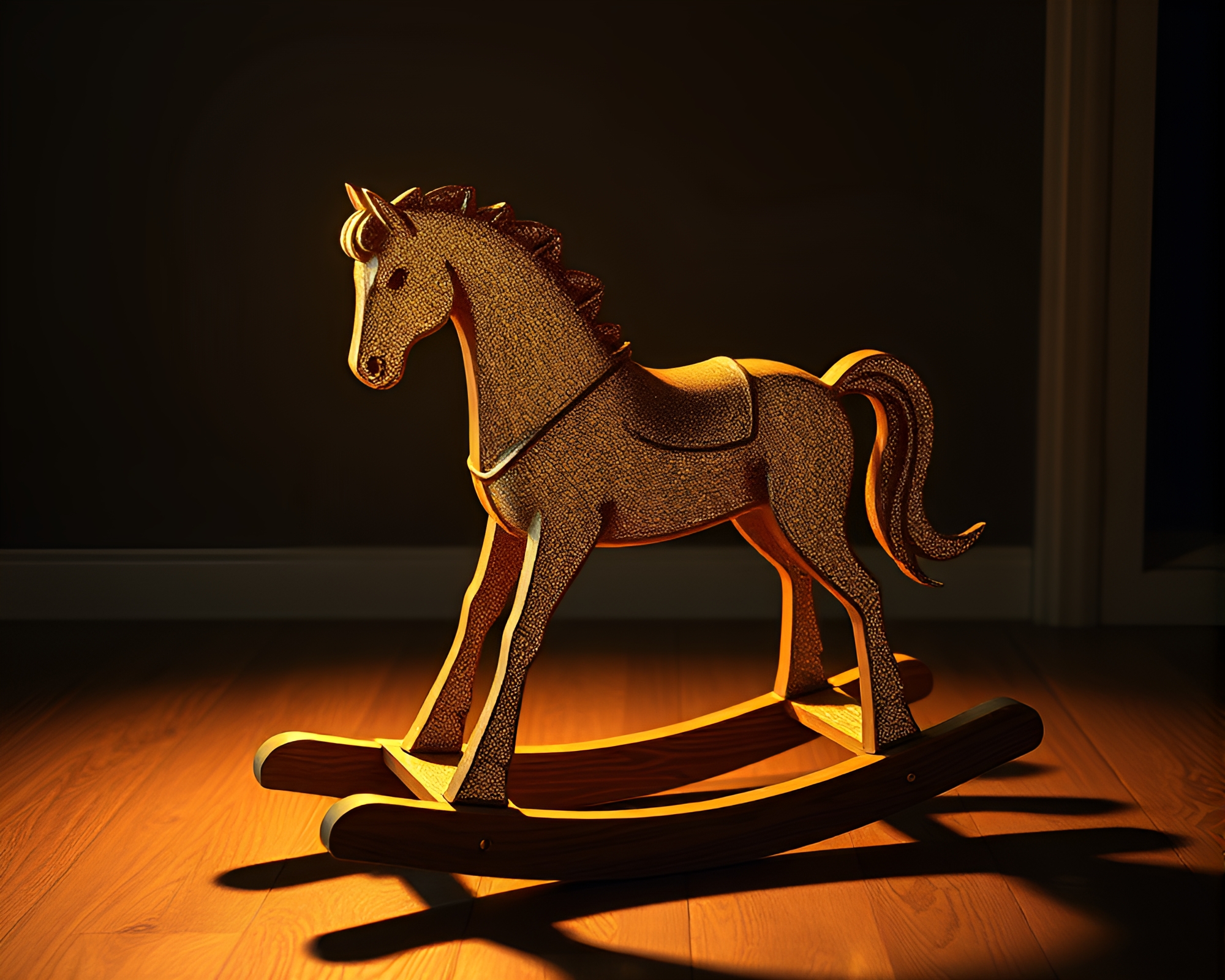 Golden Eclipse: 80s VHS Wooden Rocking Horse Fantasy – free AI stock image
