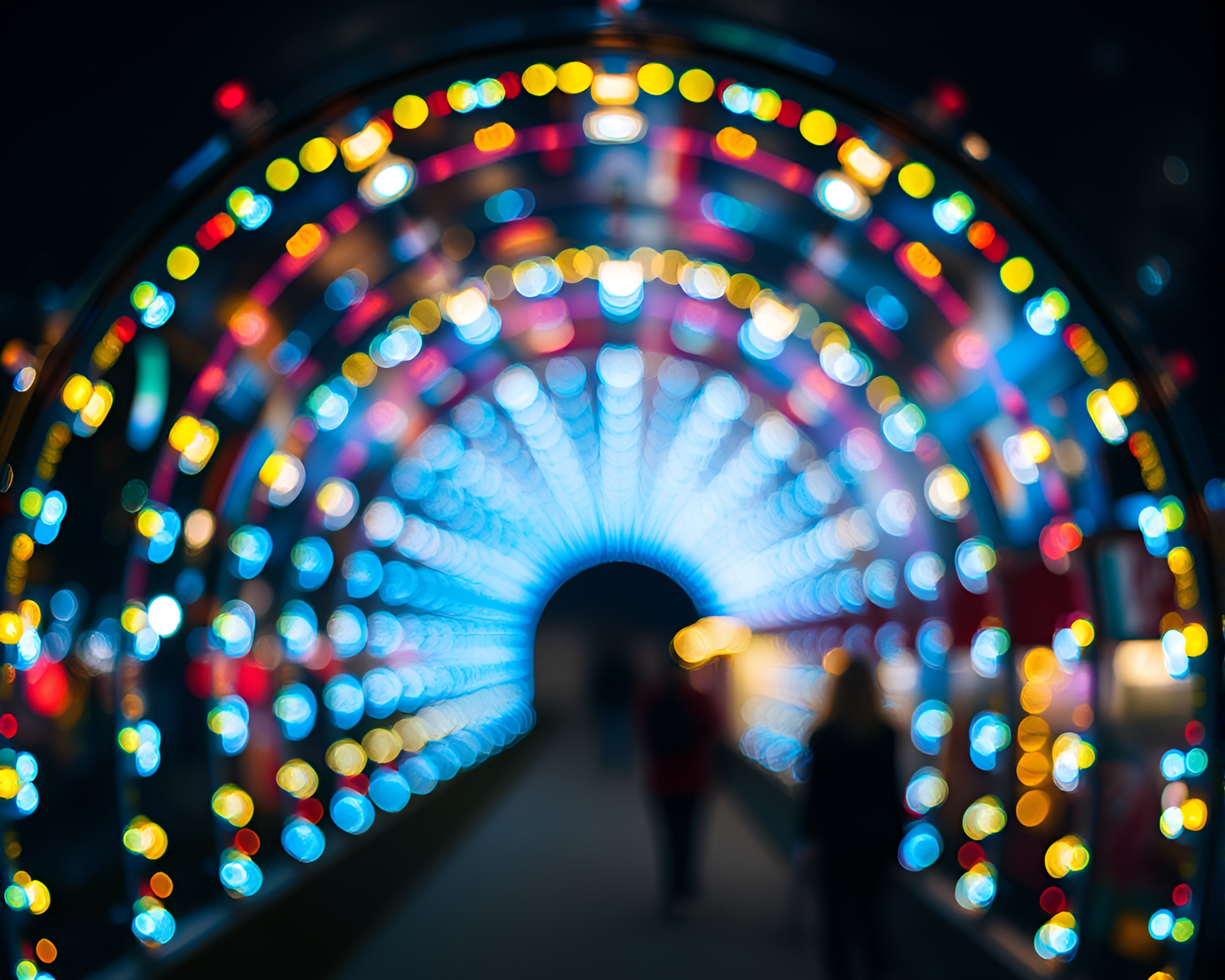 Prismatic Glass Tunnel with Carnival Lights – free AI stock image