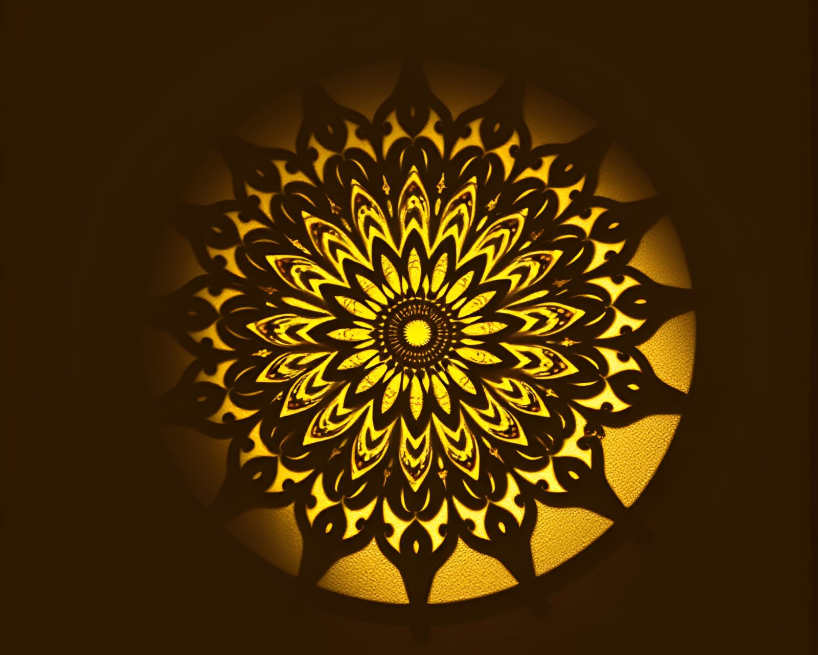 Mandala design in mustard yellow with shadow silhouettes