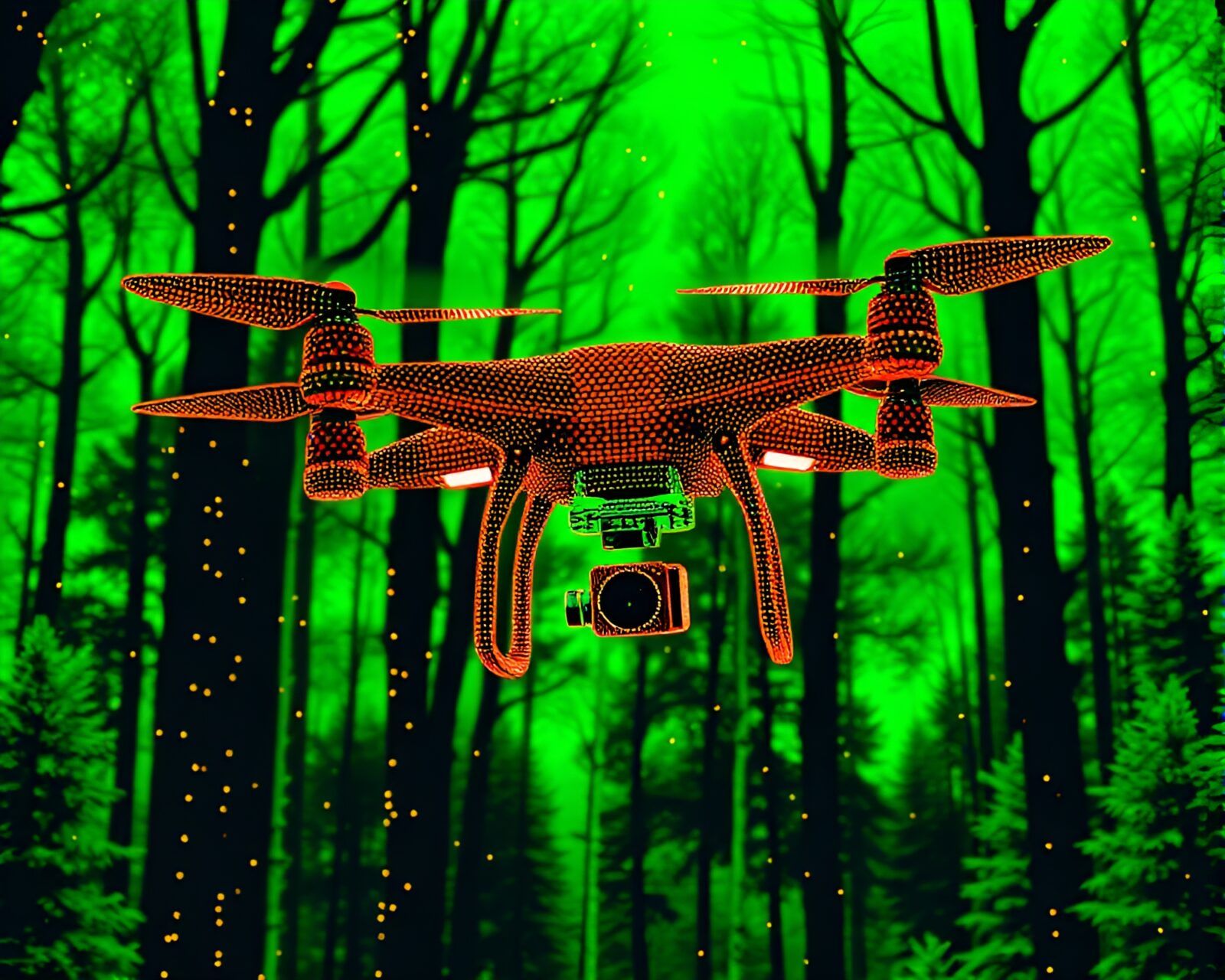 Abstract dot matrix drone hovering in green forest