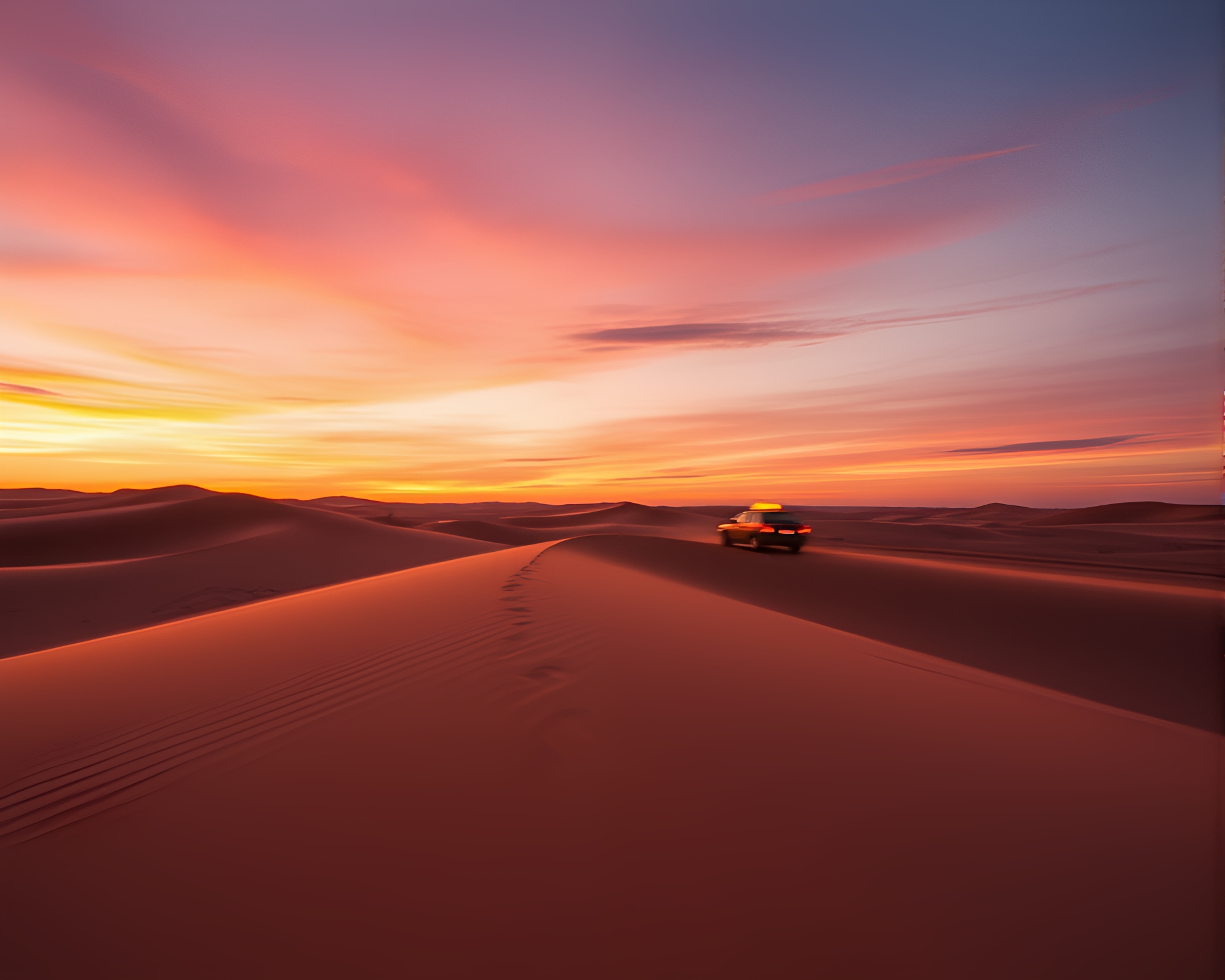 Taxi Racing Through Sandy Dunes at Golden Hour – free AI stock image
