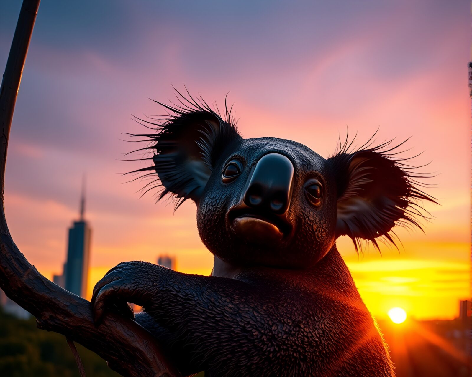 Bronze patina koala silhouette against a vibrant city skyline
