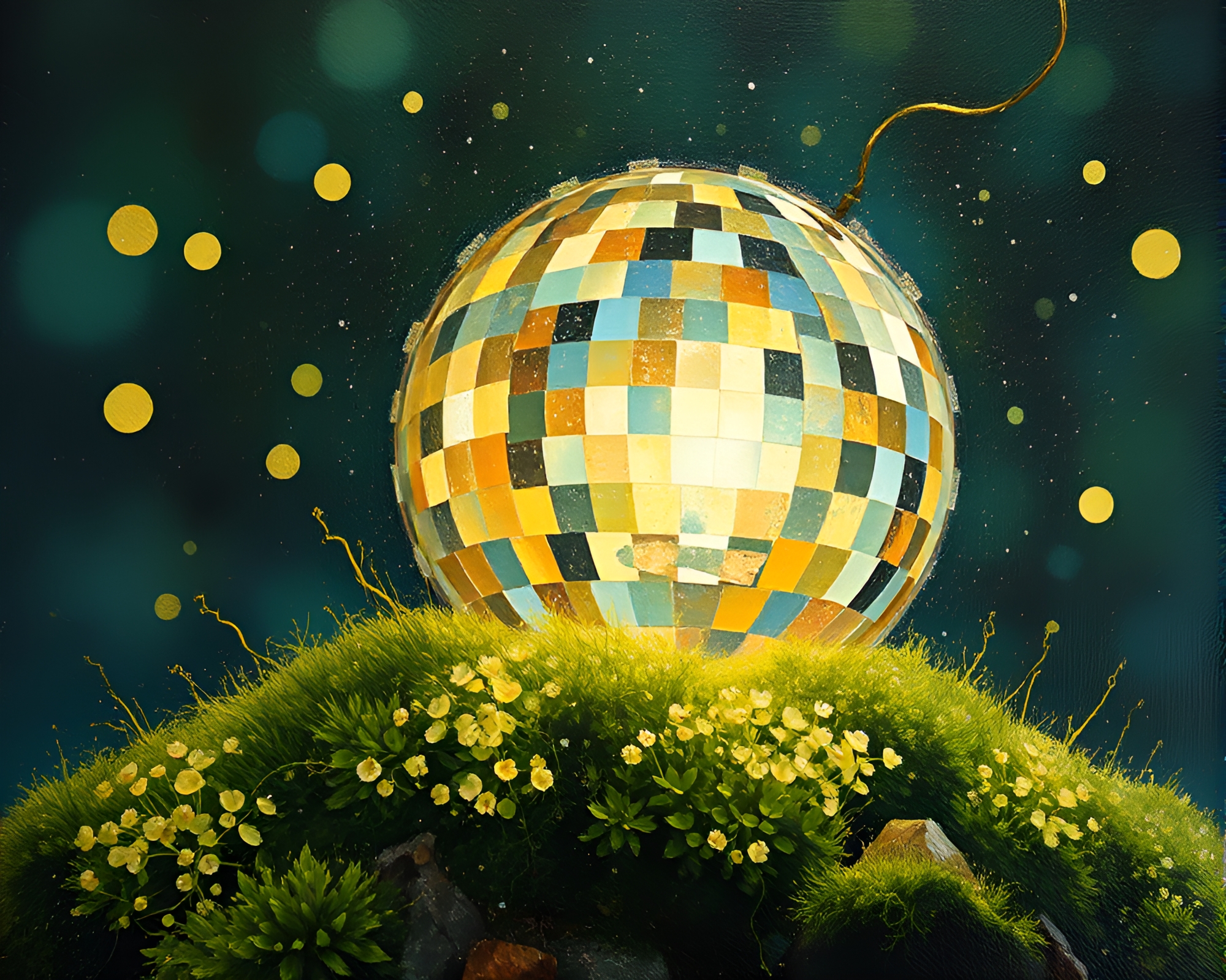 Enchanted Mossy Disco Ball Oil Painting Collage – free AI stock image