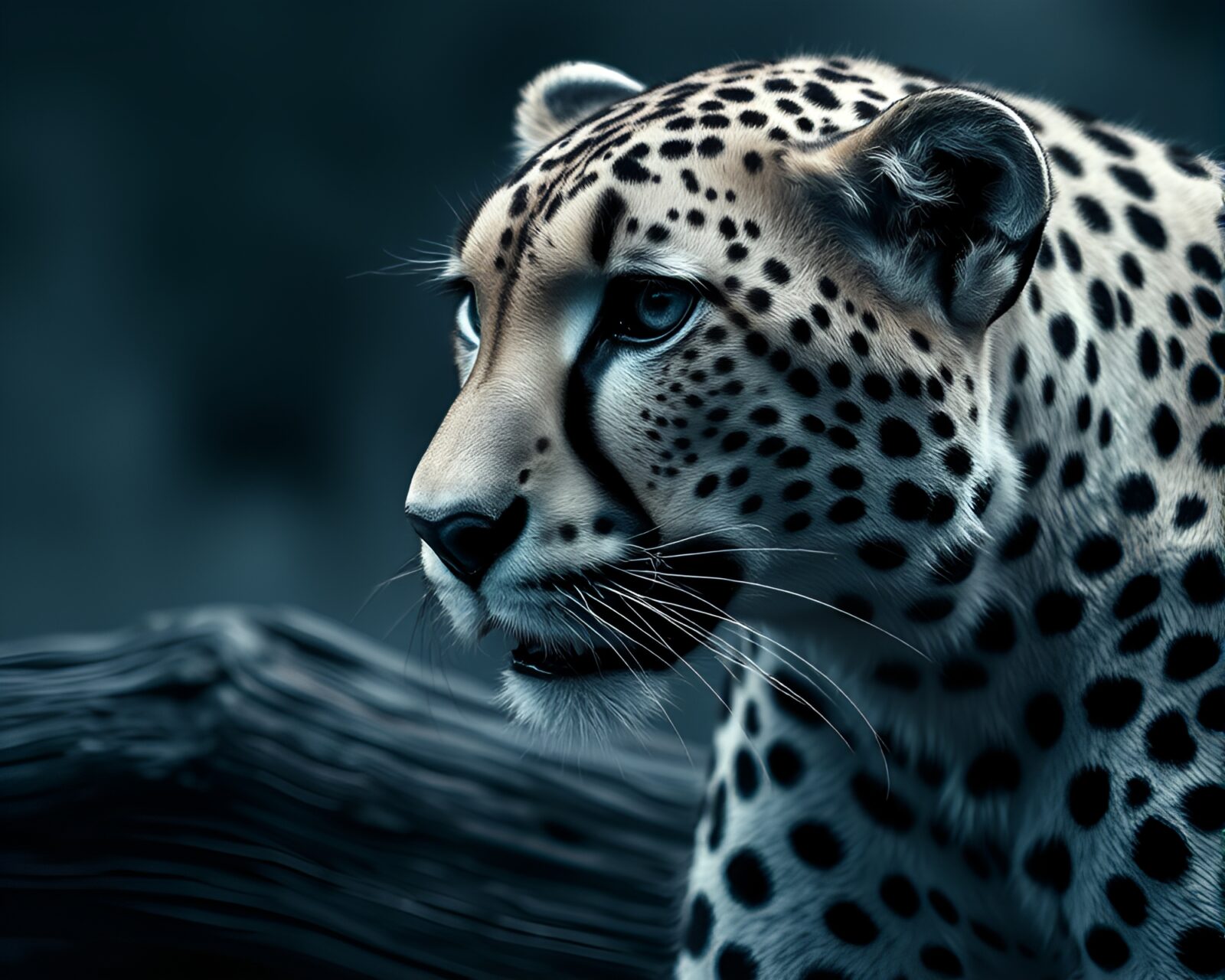 Sleek CGI cheetah with wood grain texture in blues