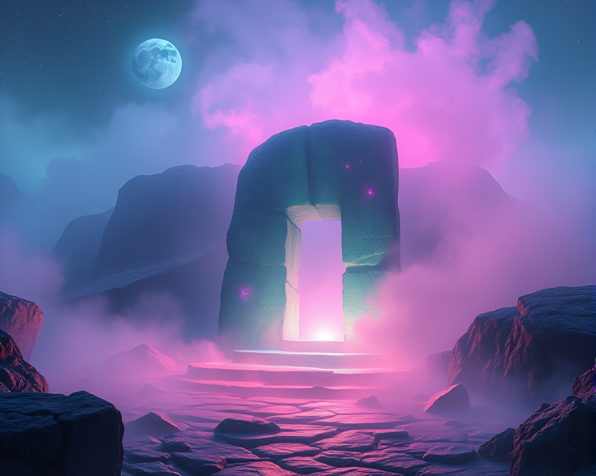 Dystopian Glowing Rune Stone on Planetary Pastel Background – free AI stock image