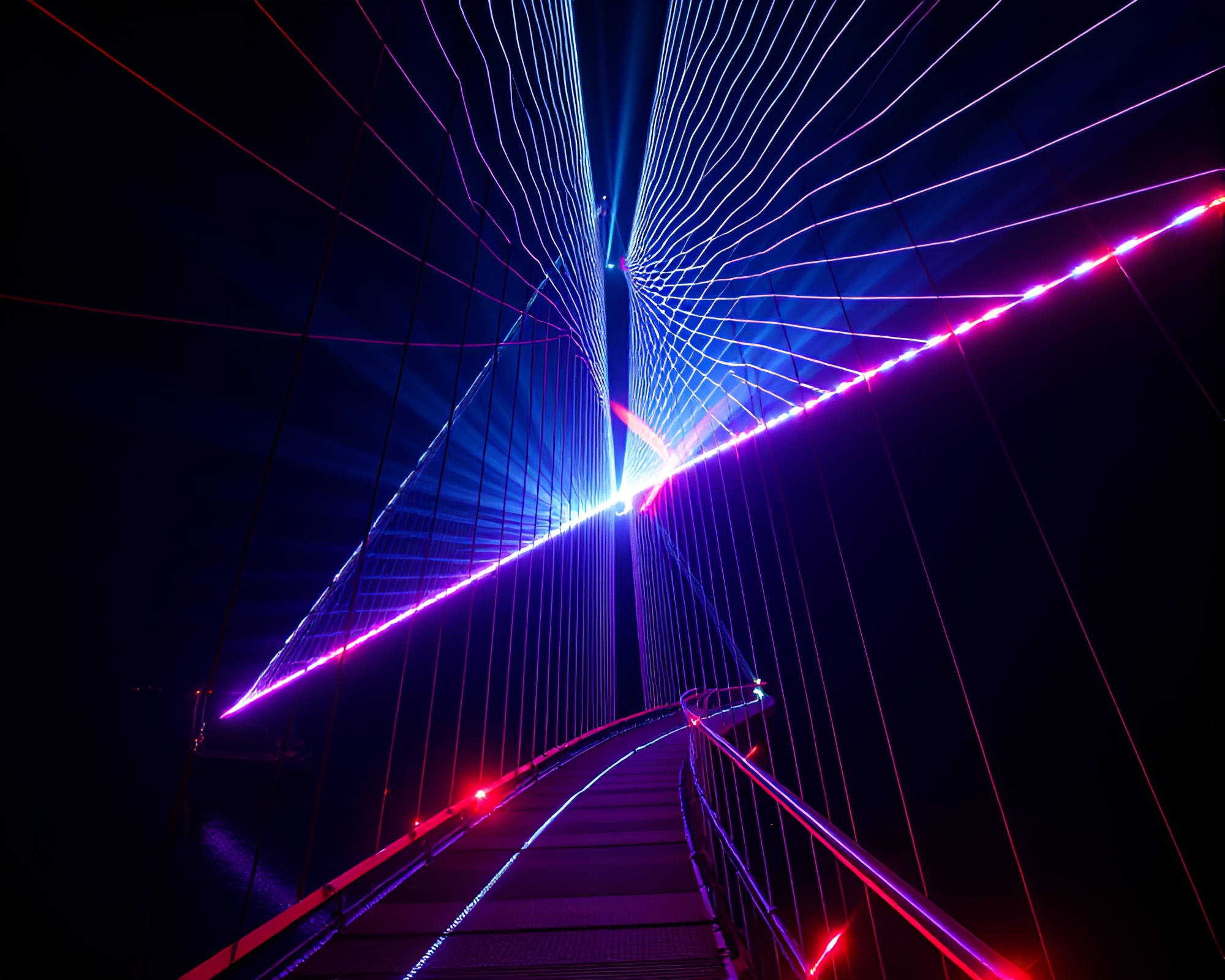 Ethereal Op Art Suspension Bridge at Night – free AI stock image