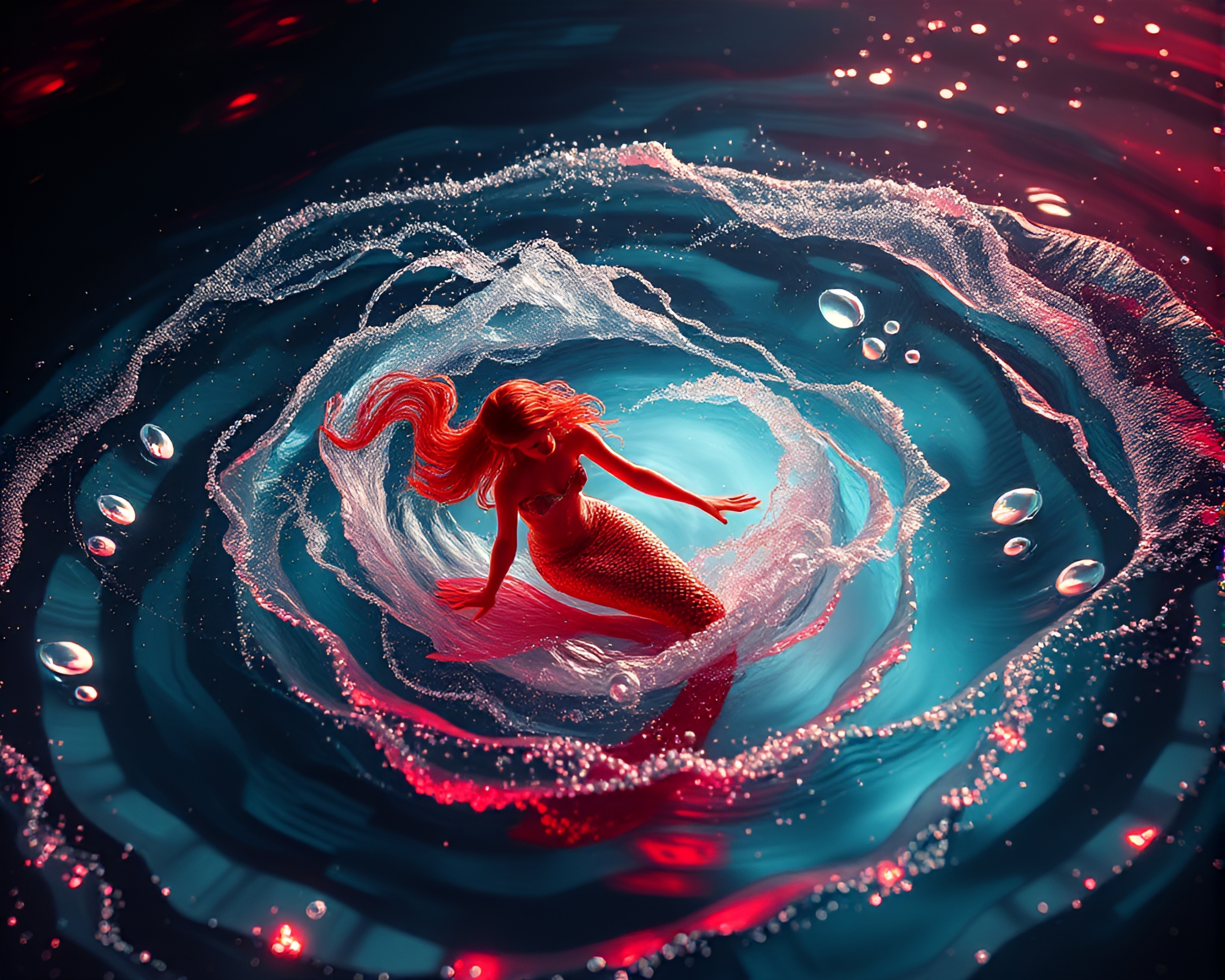 Mermaid in Ruby Red Water Whirlpool Under Real-Time Ray Tracing – free AI stock image