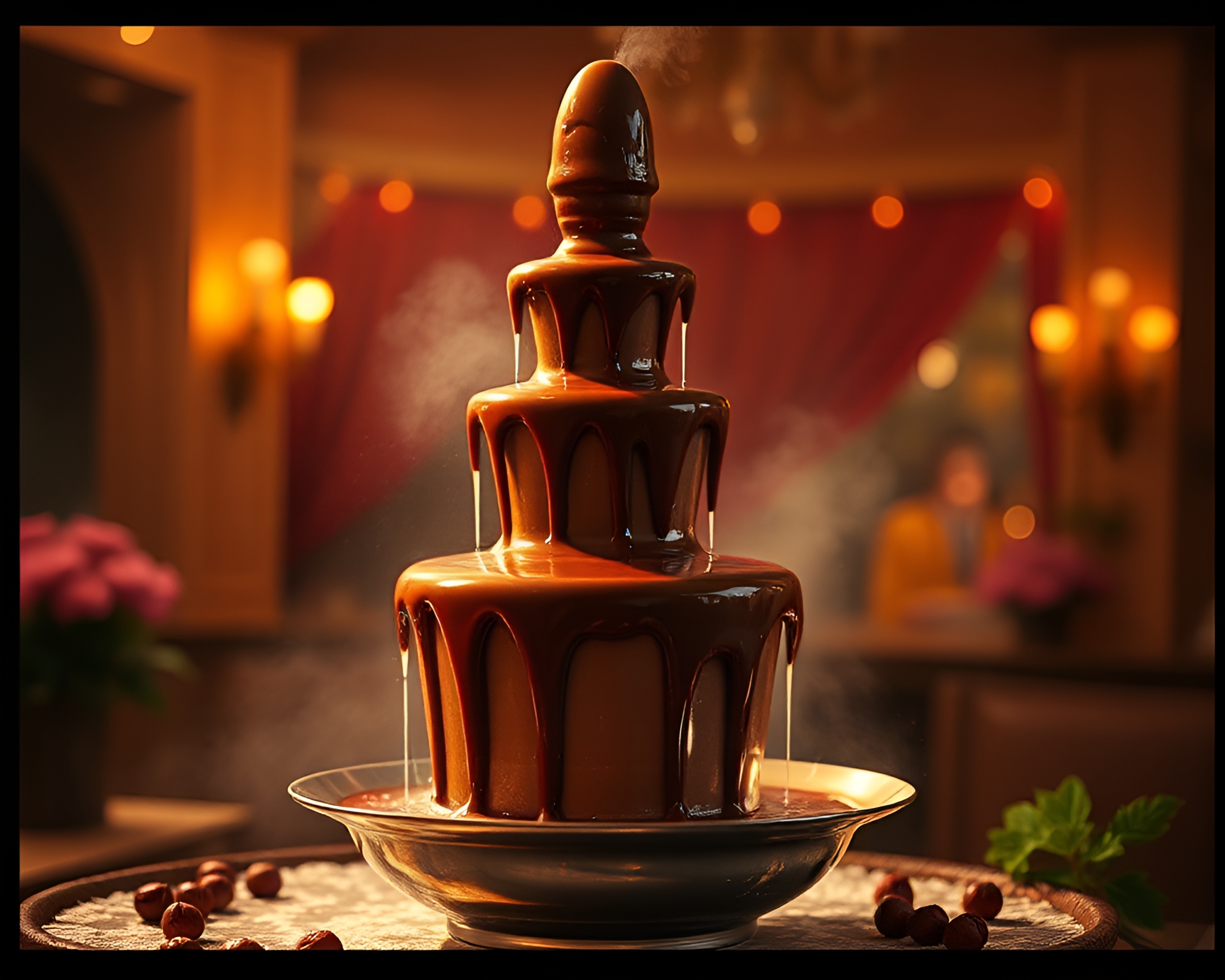 Decadent Chocolate Fountain in Low-Key Film Strip Lighting – free AI stock image