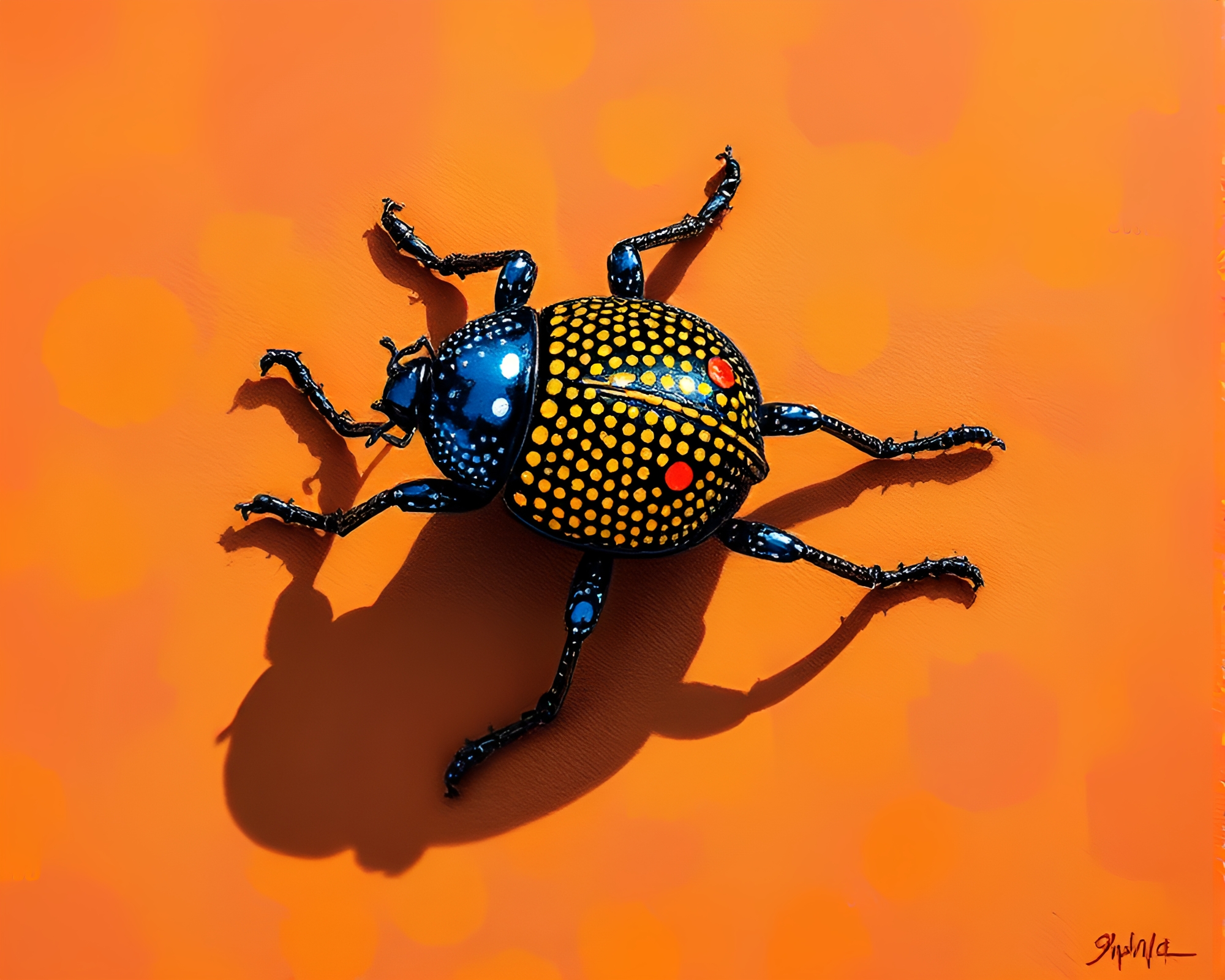 Pointillist Beetle Emerging from Hard Shadows – free AI stock image