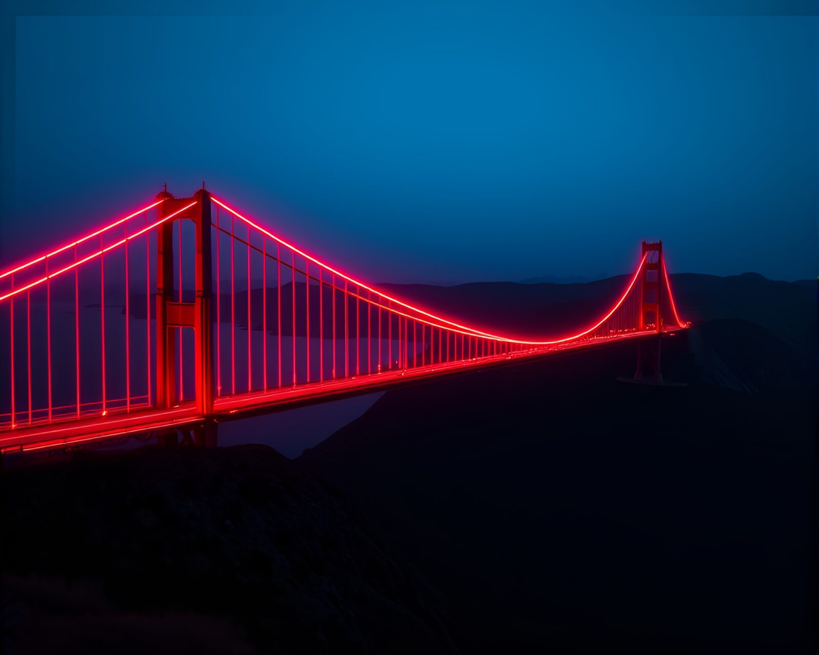 Vibrant neon bridge suspended over dark cliffs with scan lines