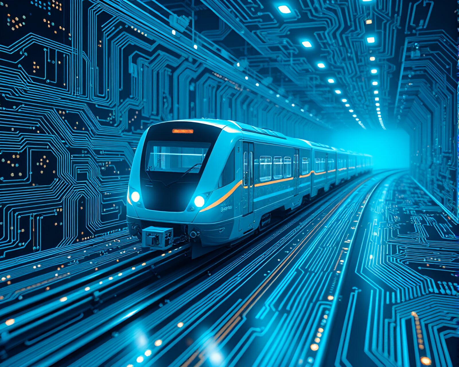 High-tech train floating above intricate electronic circuits in blue hues