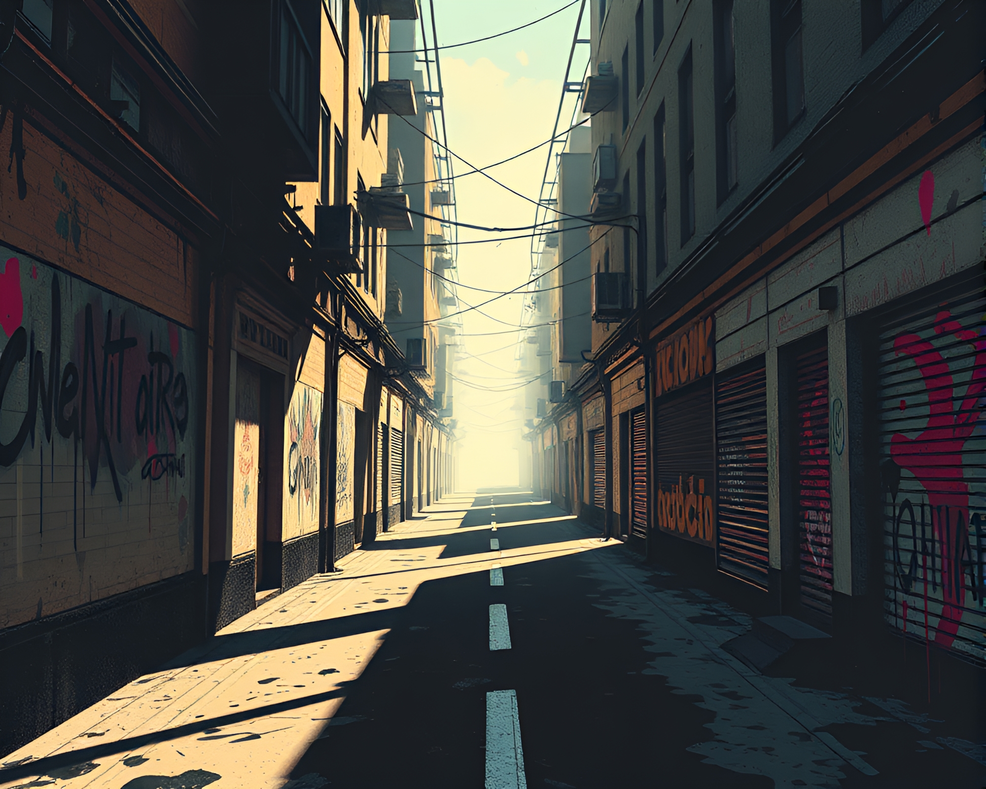 Cyberpunk Alley: Symmetrical Splatter Art with Soft Shadows – free AI stock image