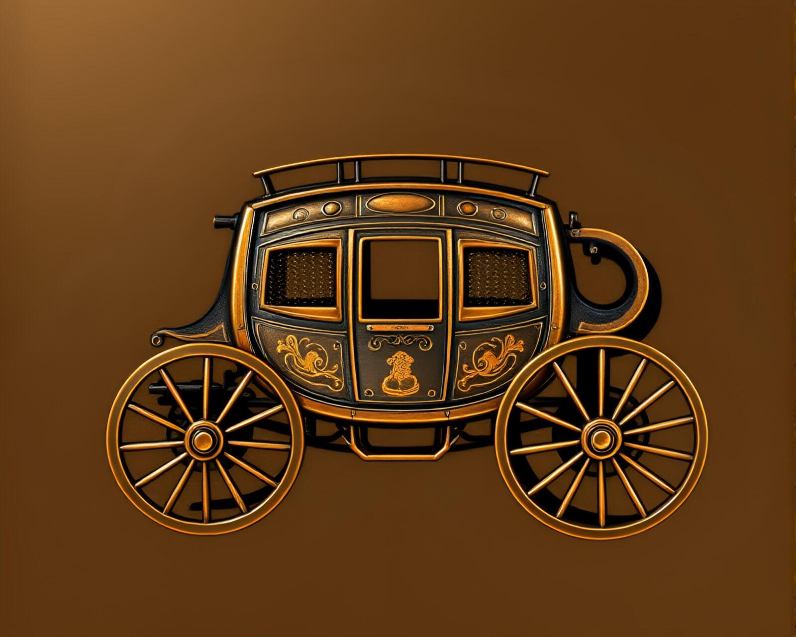 Gorgeous bronze stagecoach under mesmerizing fractal light patterns