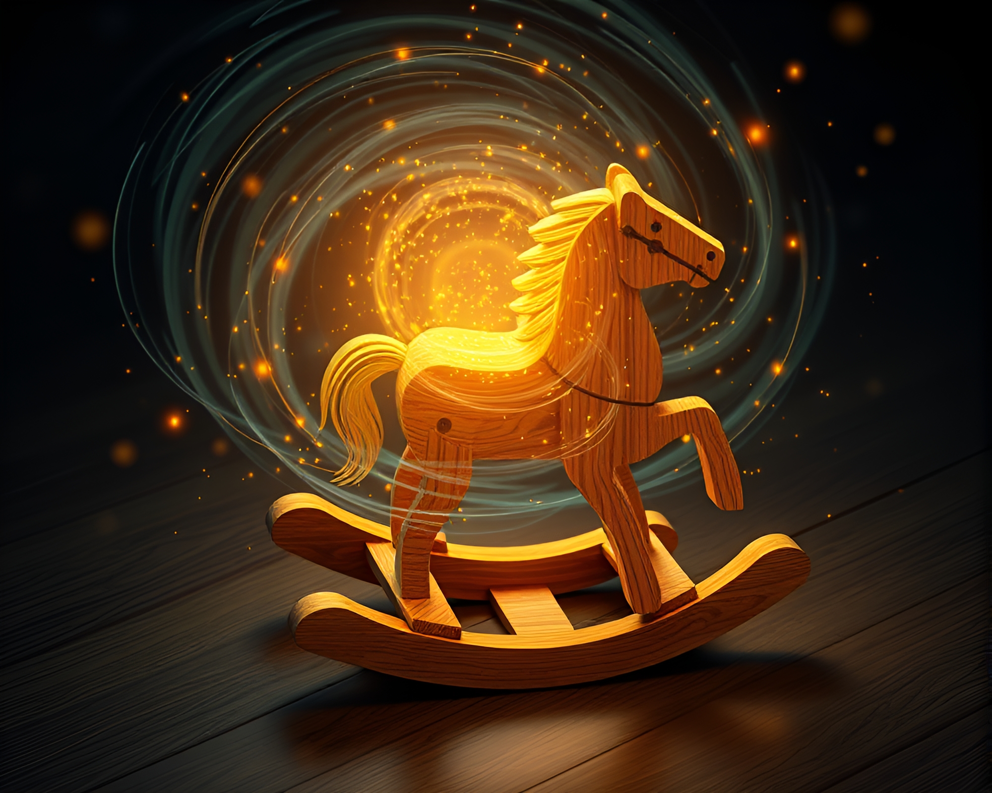 Enchanted Wooden Rocking Horse in Swirling Vortex – free AI stock image