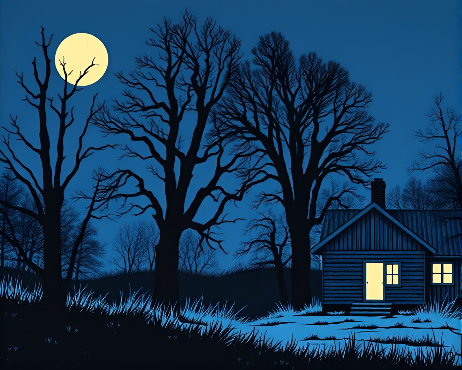 Dwarf silhouette in twilight with linocut effect off-center