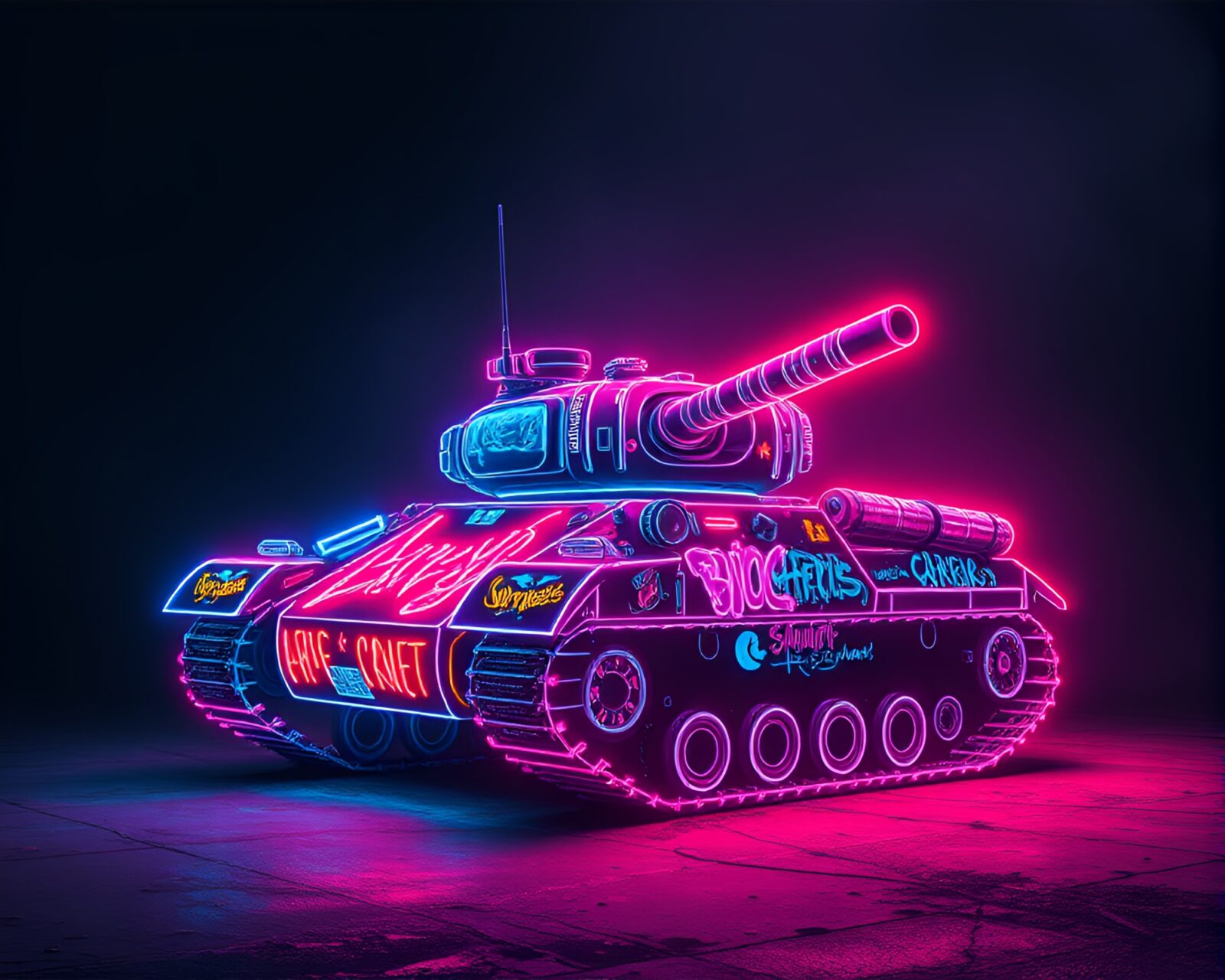 Futuristic tank adorned with neon graffiti in grunge setting