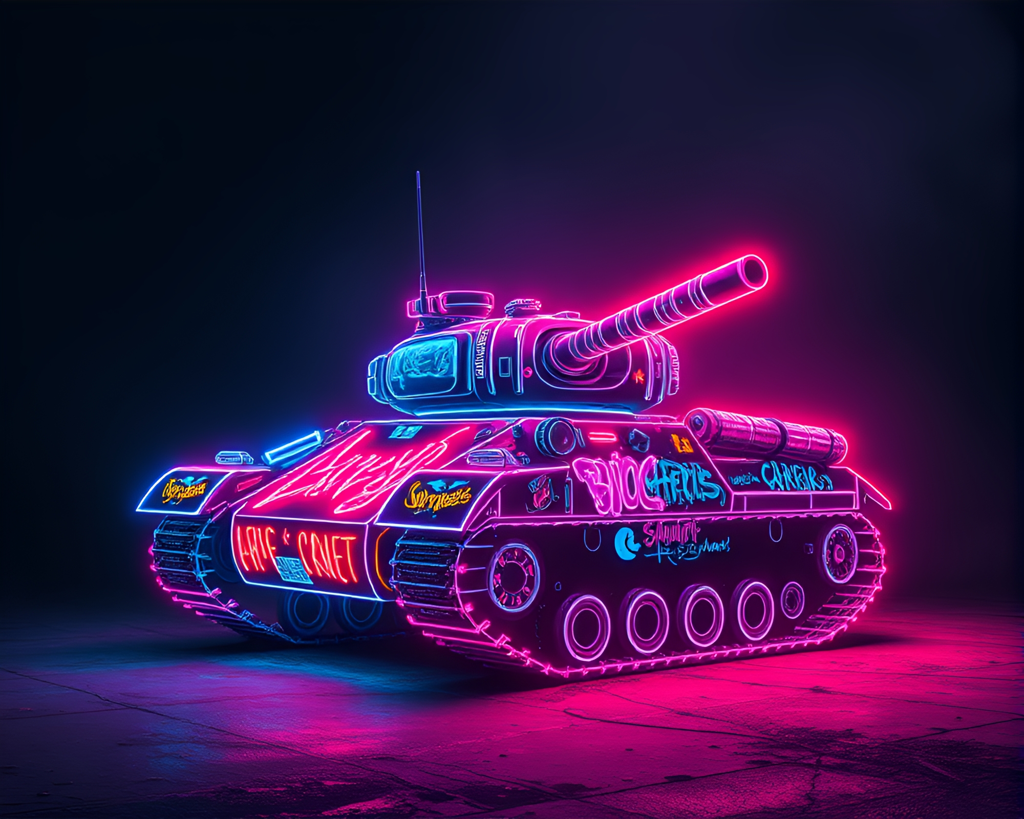 Neon Wireframe Armored Tank in 90s Grunge Style – free AI stock image