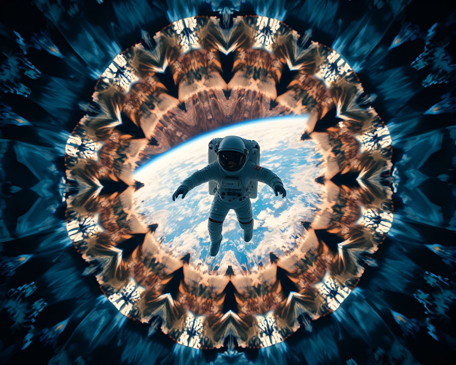 Astronaut in kaleidoscope world with earth tone colors