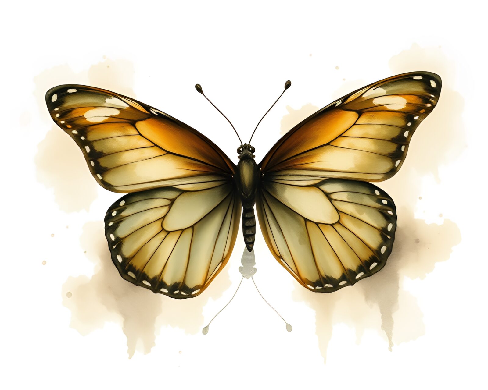 Beautiful watercolor illustration of silk butterfly in olive drab tones