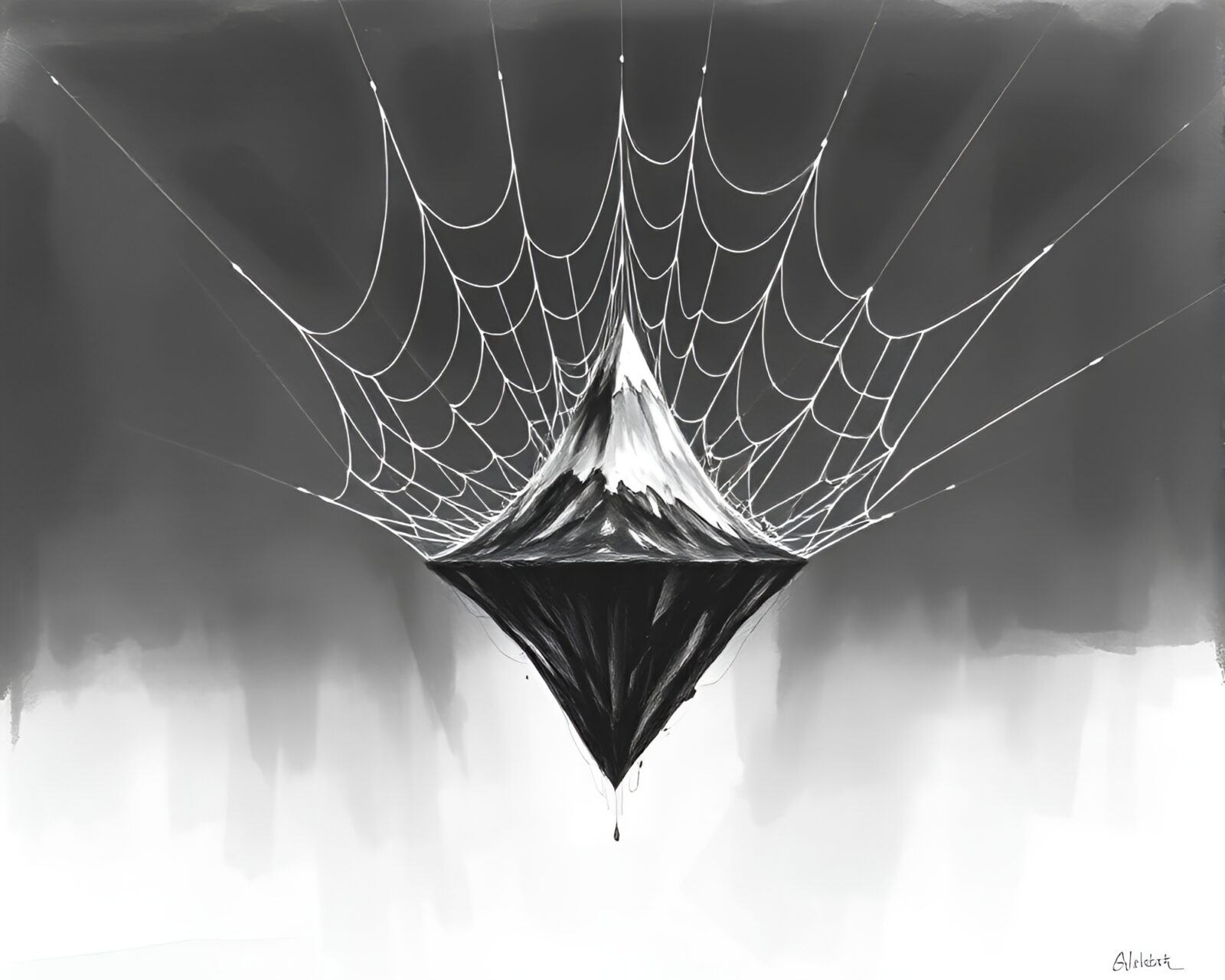 Charcoal sketch of floating island with colorful prism light