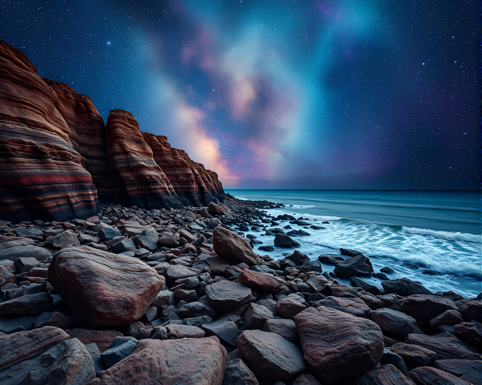 Striped Coastline under Cosmic Hues – free AI stock image