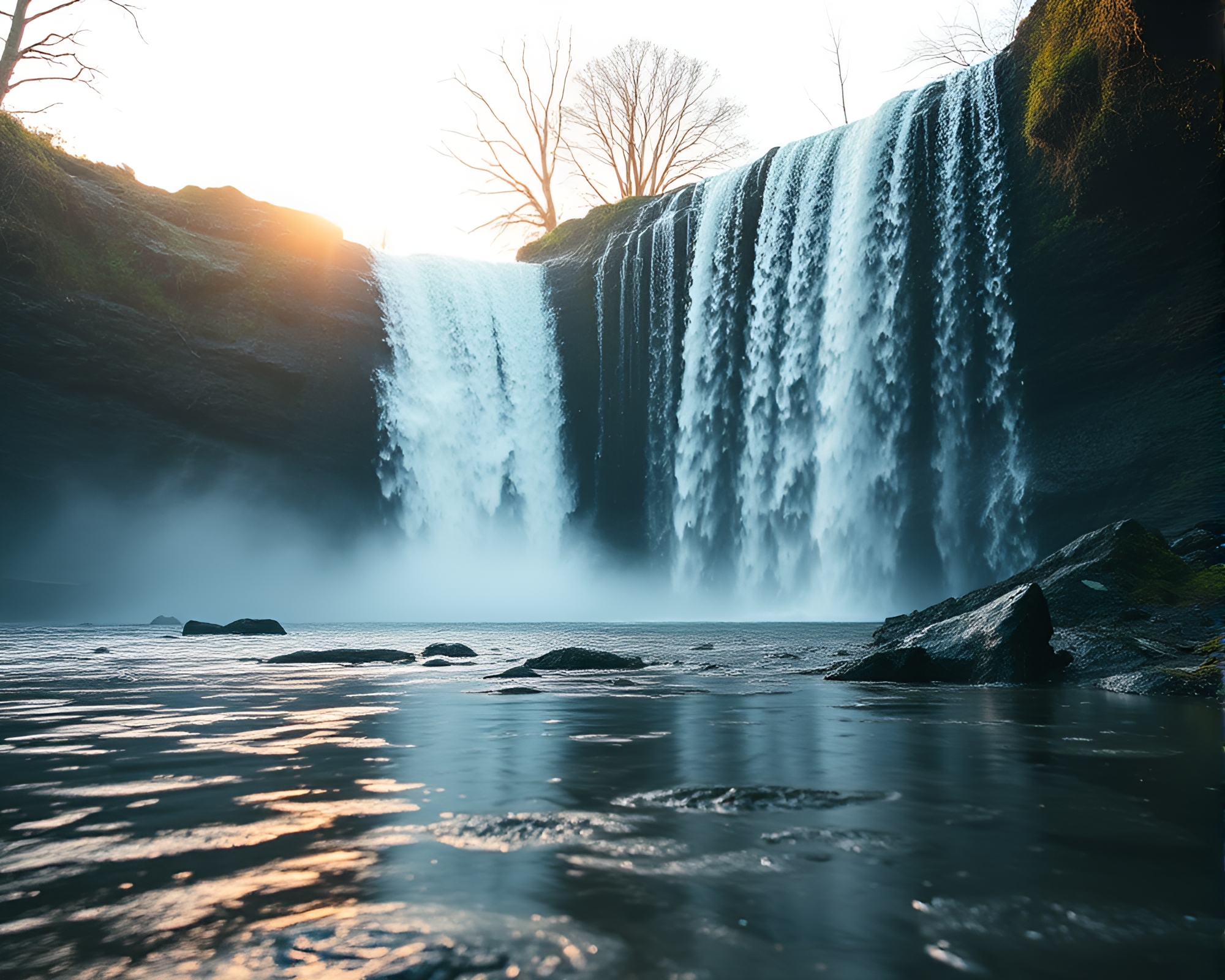 Majestic Backlit Waterfall Silhouette on Wet Pavement – free AI stock image