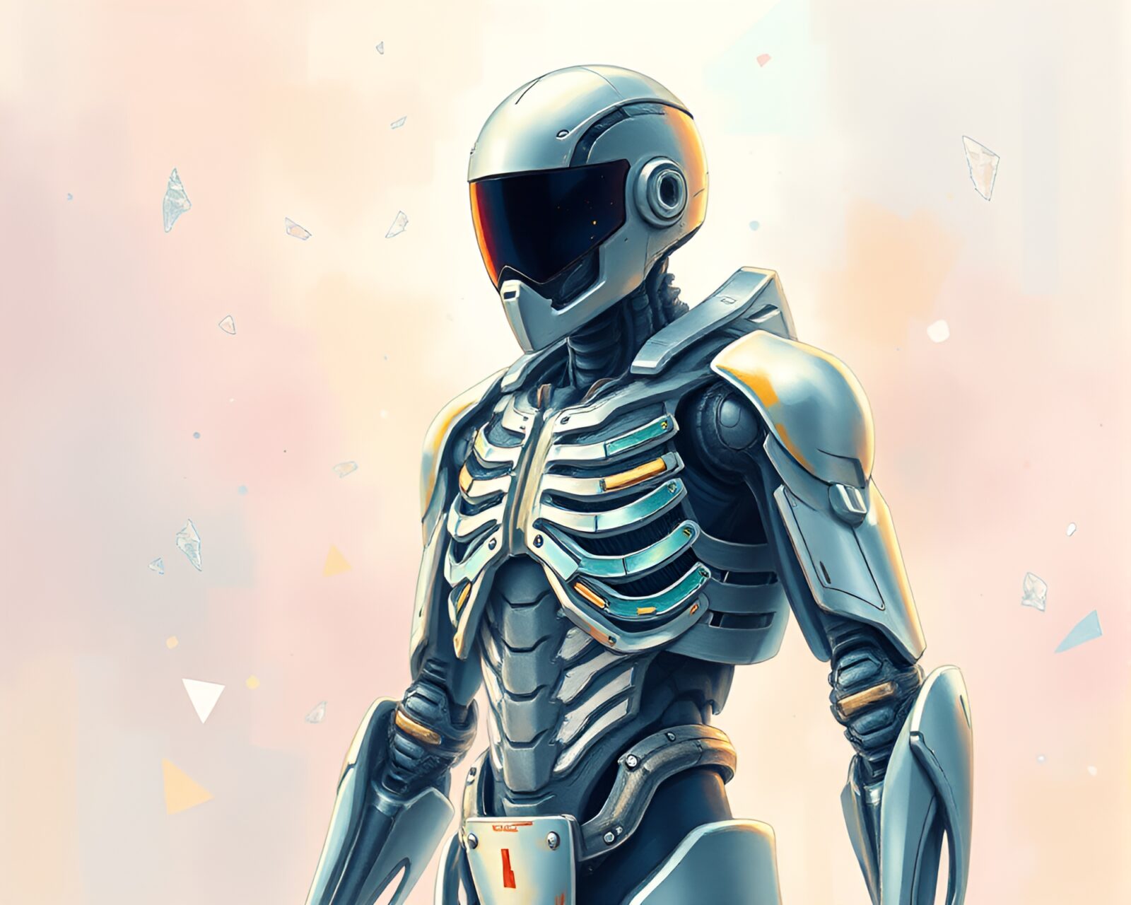 Soft pastel palette art of exoskeleton suit with glass shards
