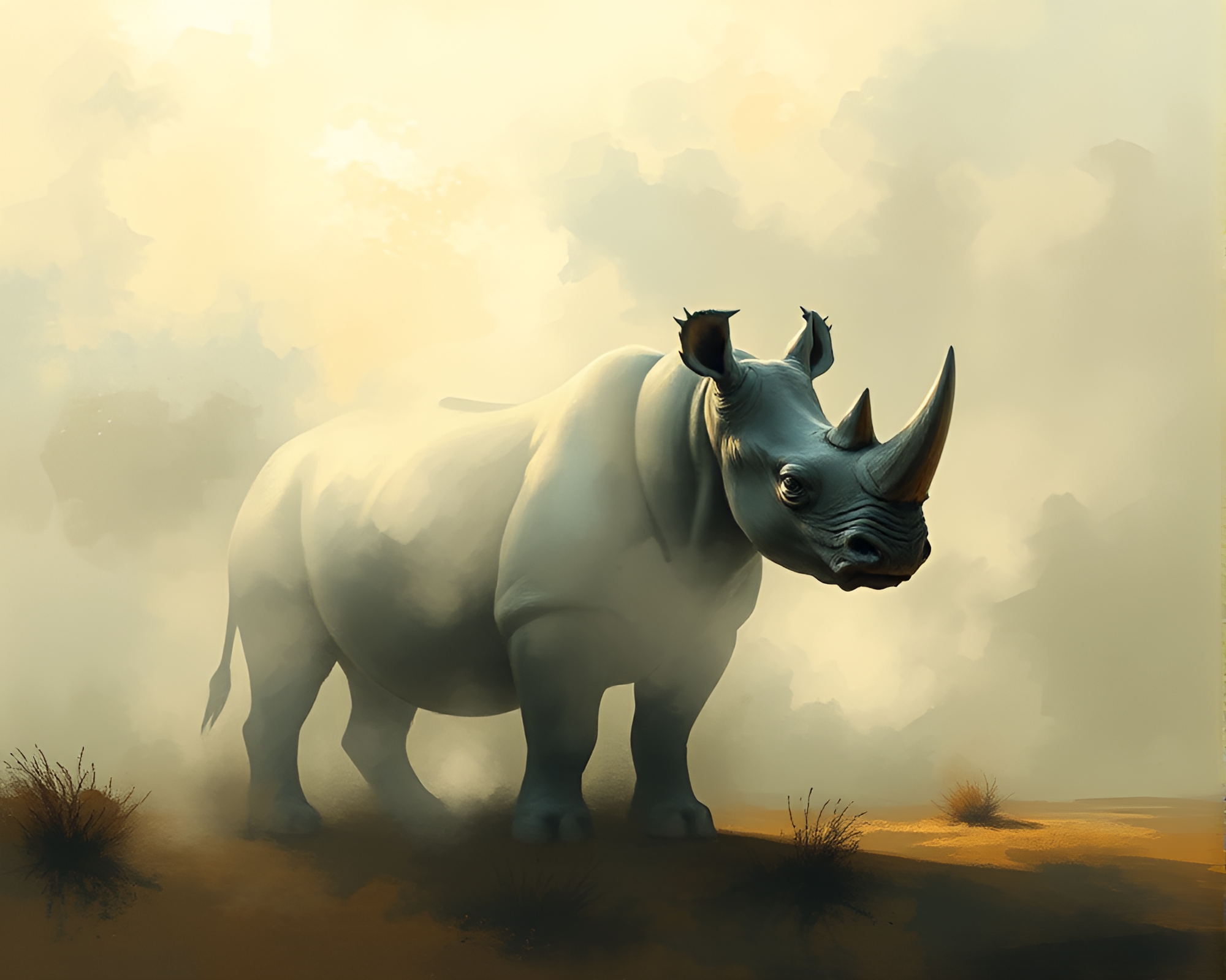 Surrealistic Rhinoceros Amid Dawn Mist Shading Strokes – free AI stock image
