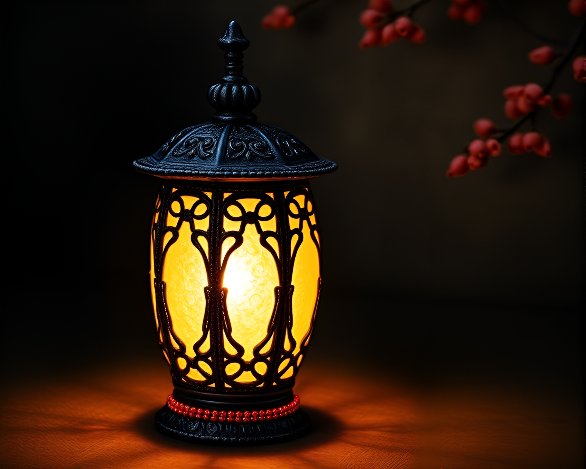 Beadwork Shield under Lantern Light with Sumi-e Brushwork – free AI stock image