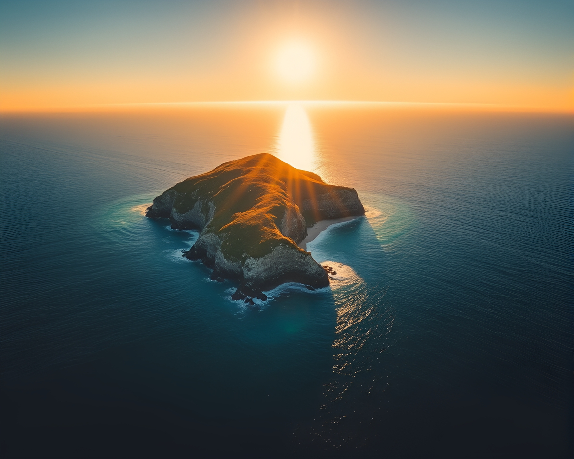 Majestic Island Sunset with Mustard Yellow Glow – free AI stock image