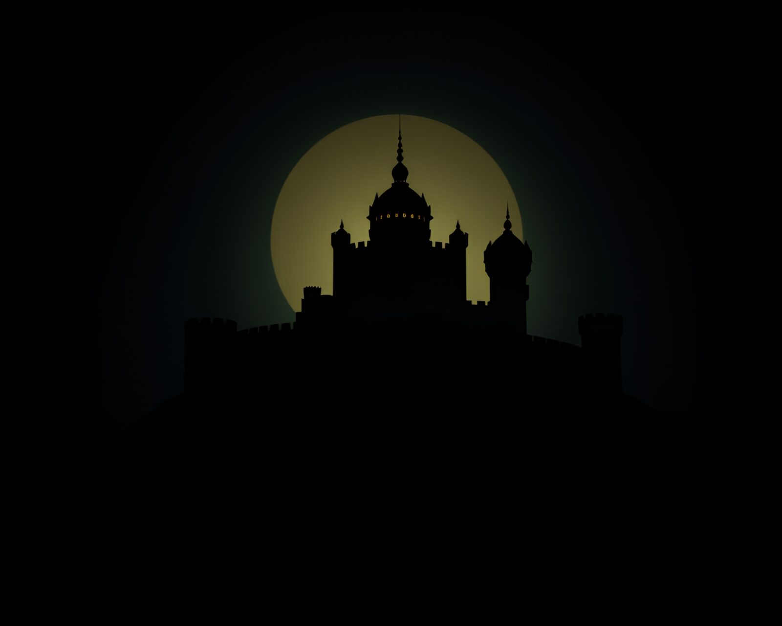 Glowing deserted castle silhouette against vivid desert sunset