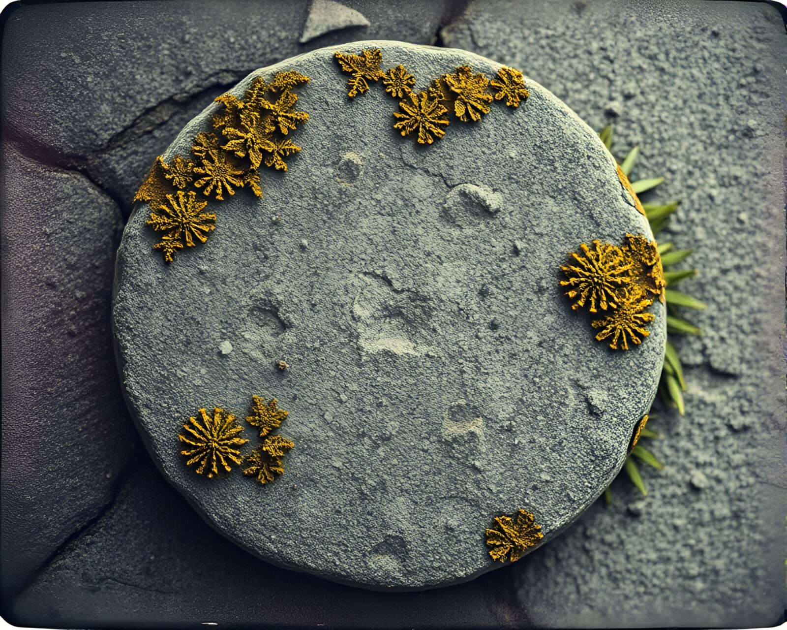 A mystical stone circle engulfed in lichen under gradient mesh lighting