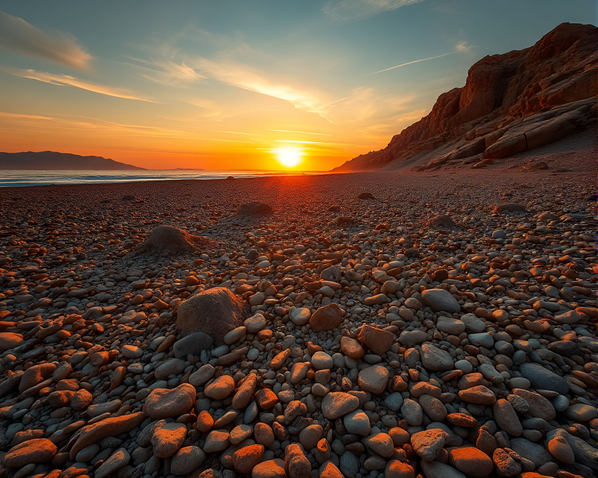 Sunset hues on driftwood with pebbles – free AI stock image