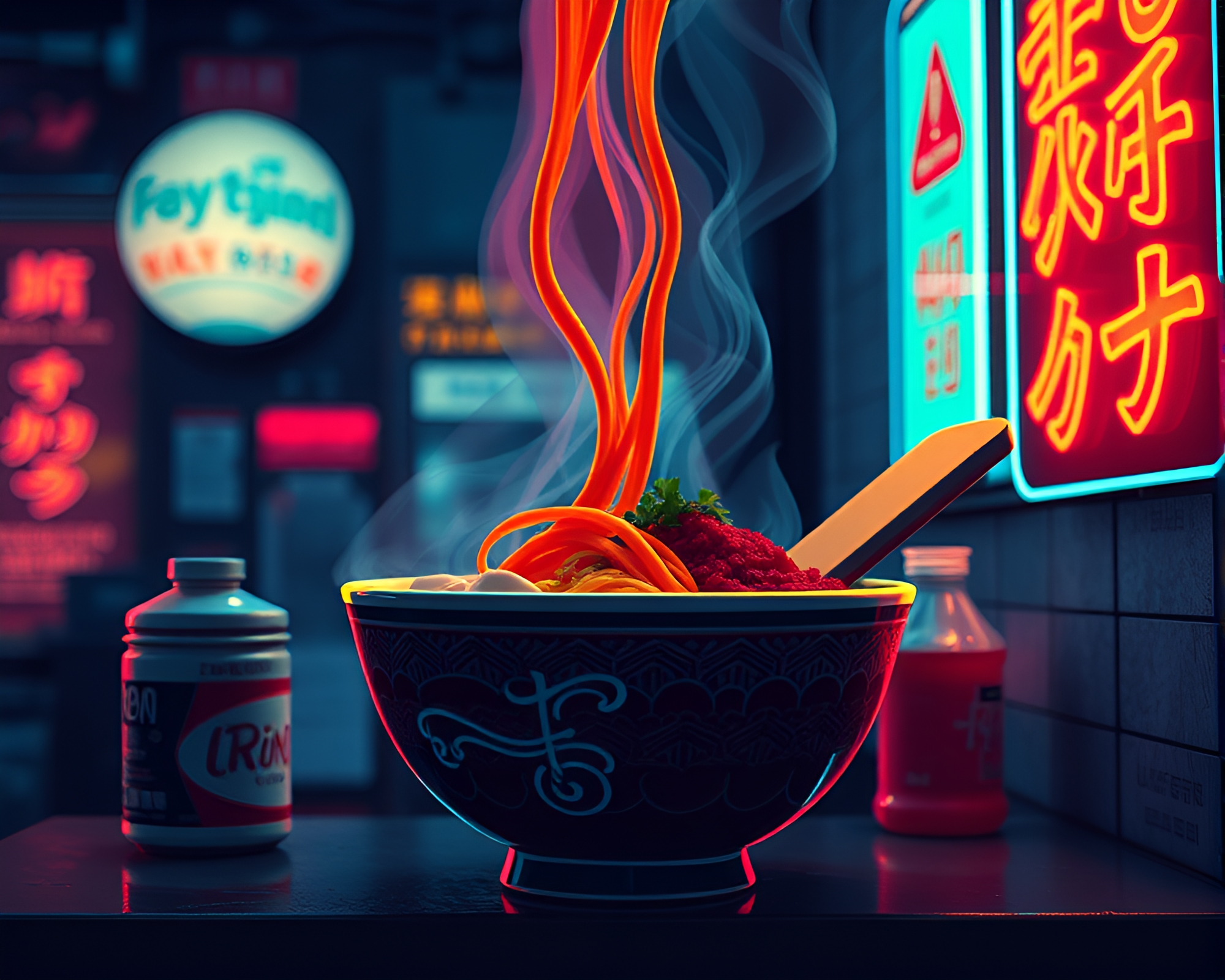Neon Ramen Bowl in Pixelated Retro Film Grain – free AI stock image