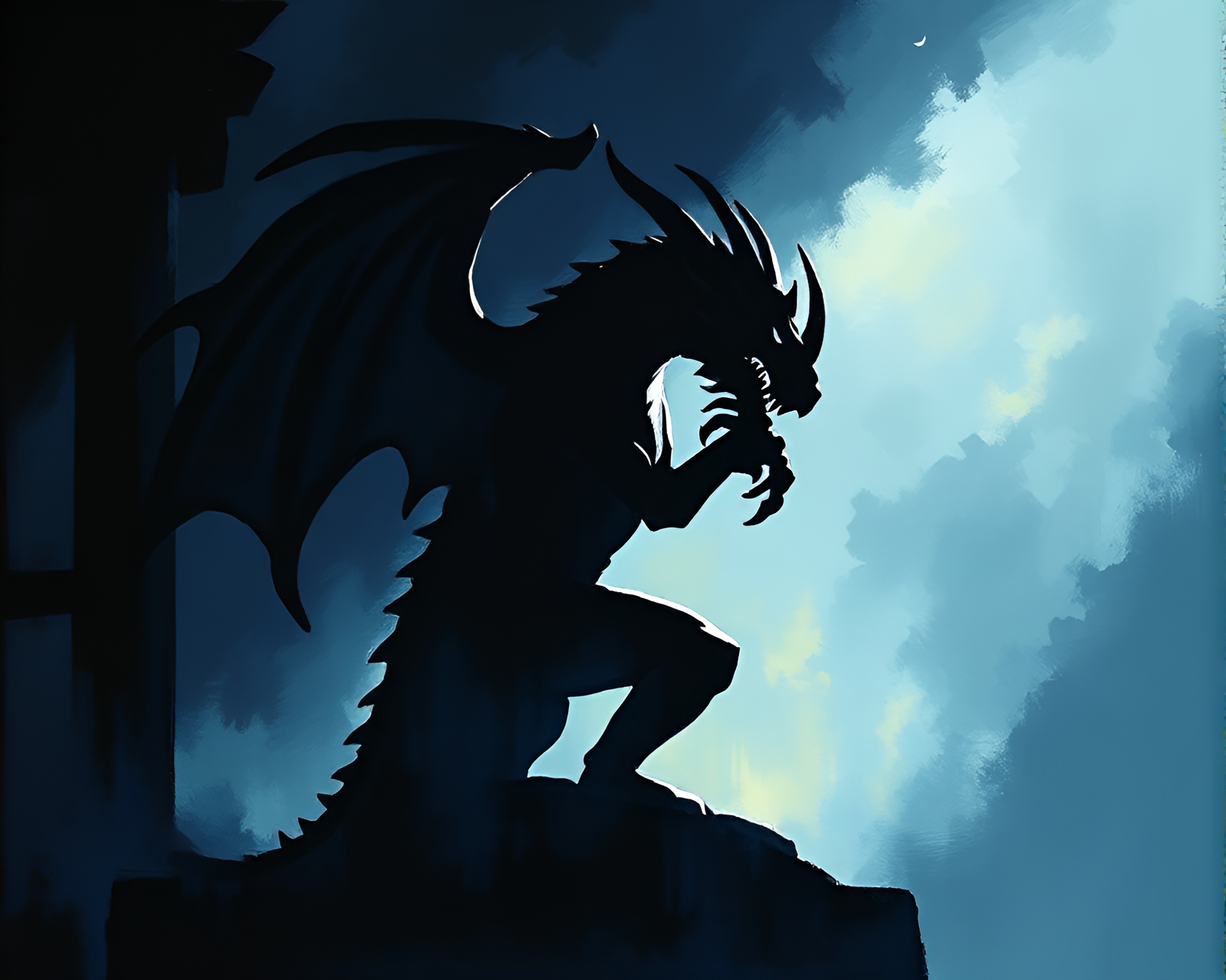 Gargoyle Statue Shadows in Torchlight Impressionist Painting – free AI stock image