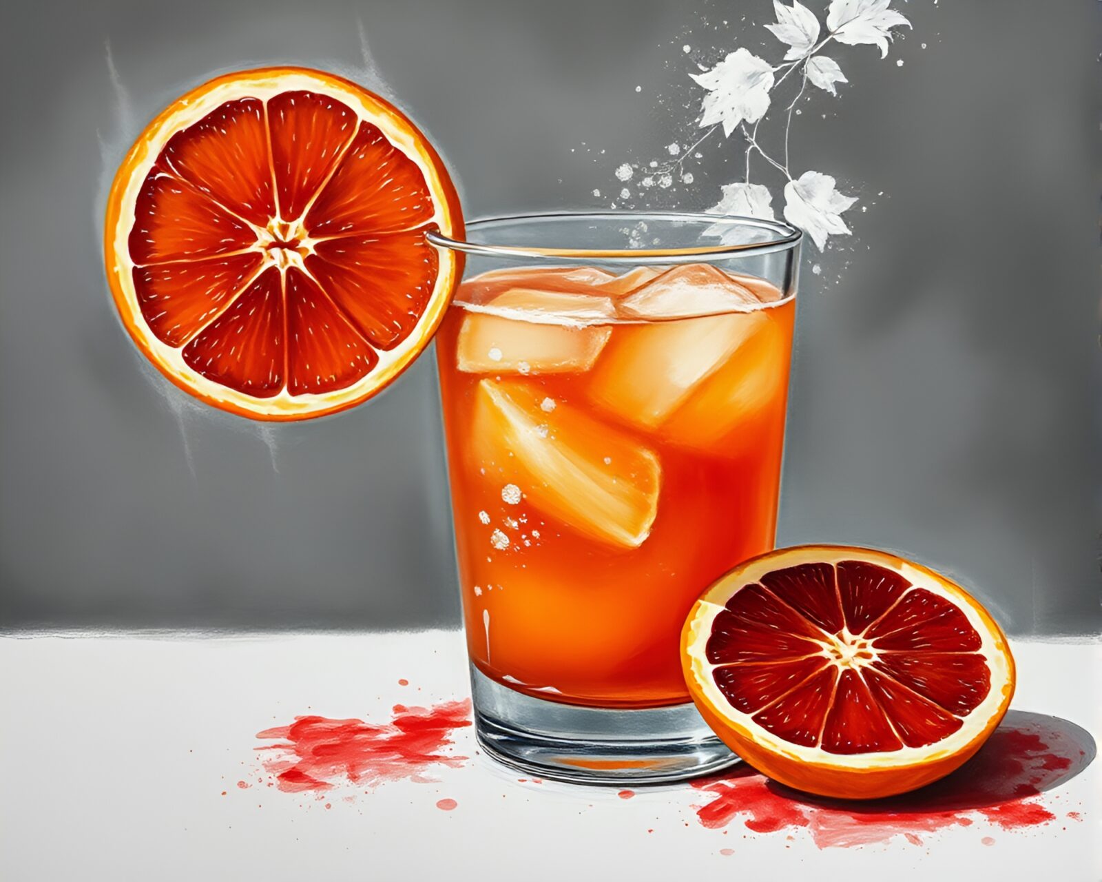 Vibrant acrylic spatters resembling a blood orange cocktail scene