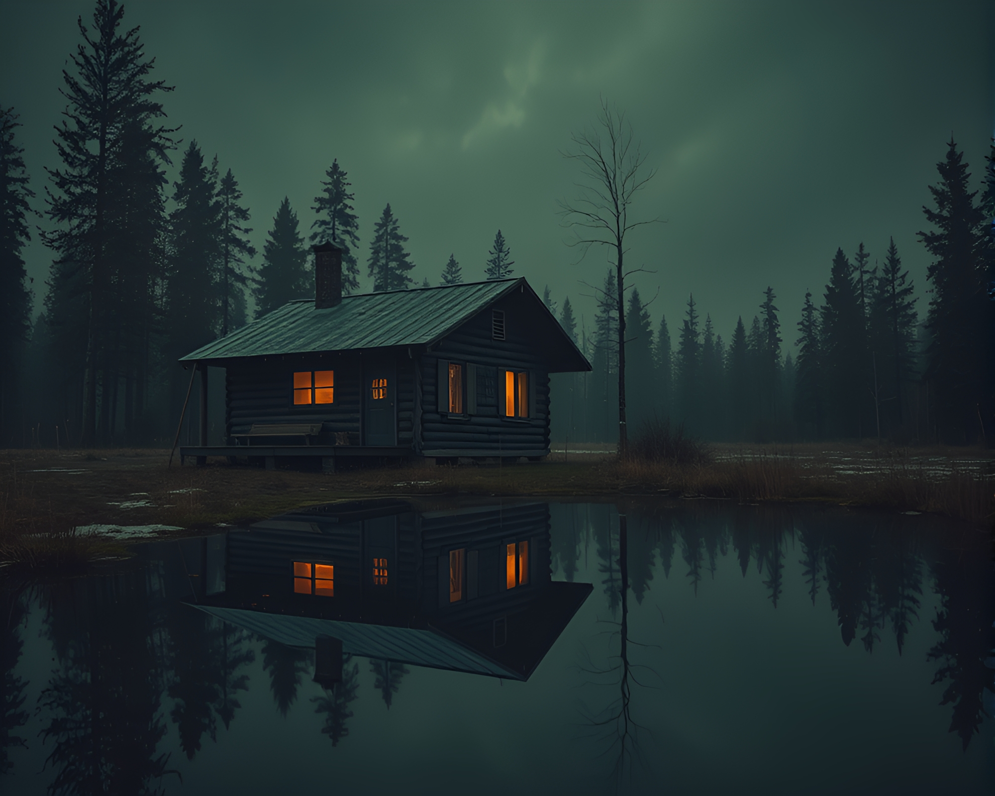 Rustic Cabin Reflection in Desaturated Retro Futuristic Style – free AI stock image