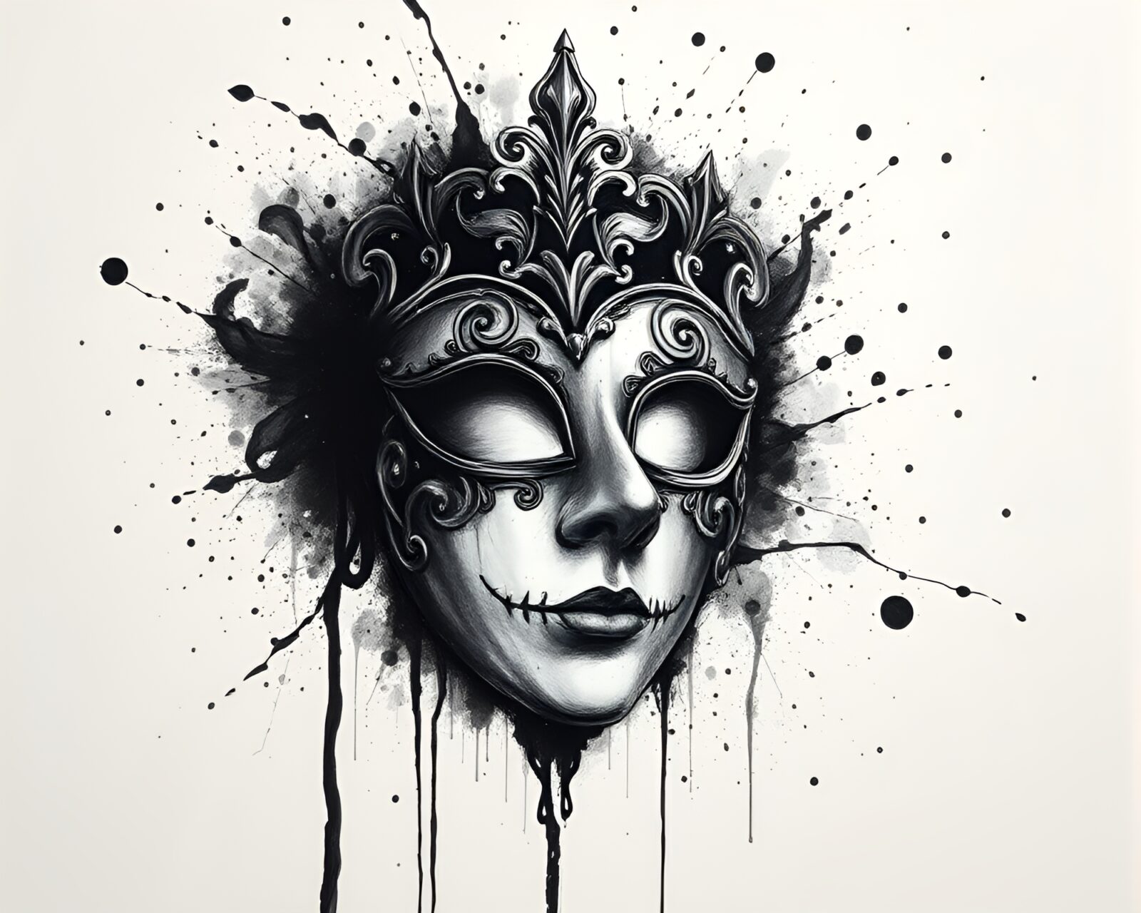 Elegant mask blending with dynamic black ink splatters