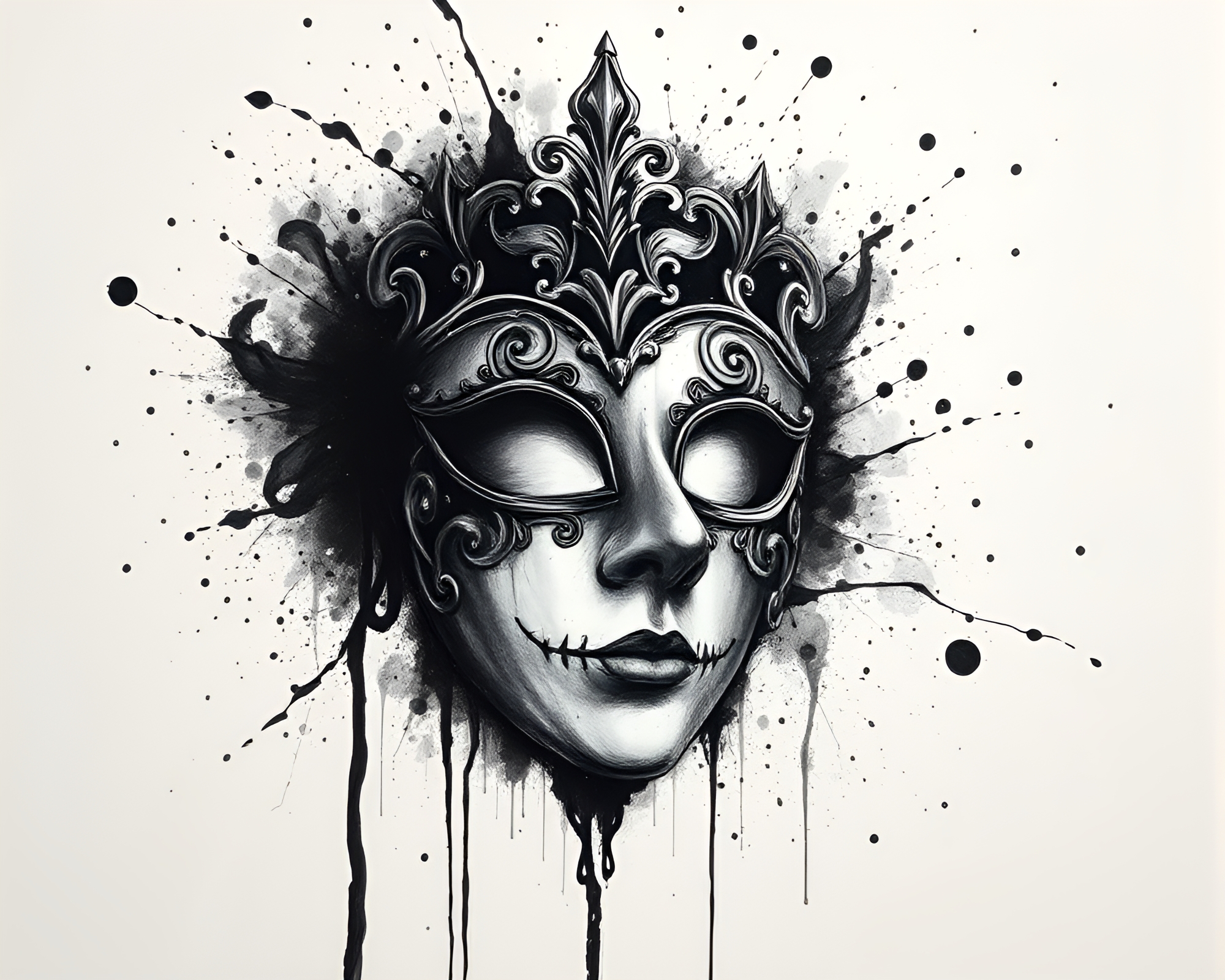 Impressionist Venetian Mask amidst Charcoal Ink Splashes – free AI stock image