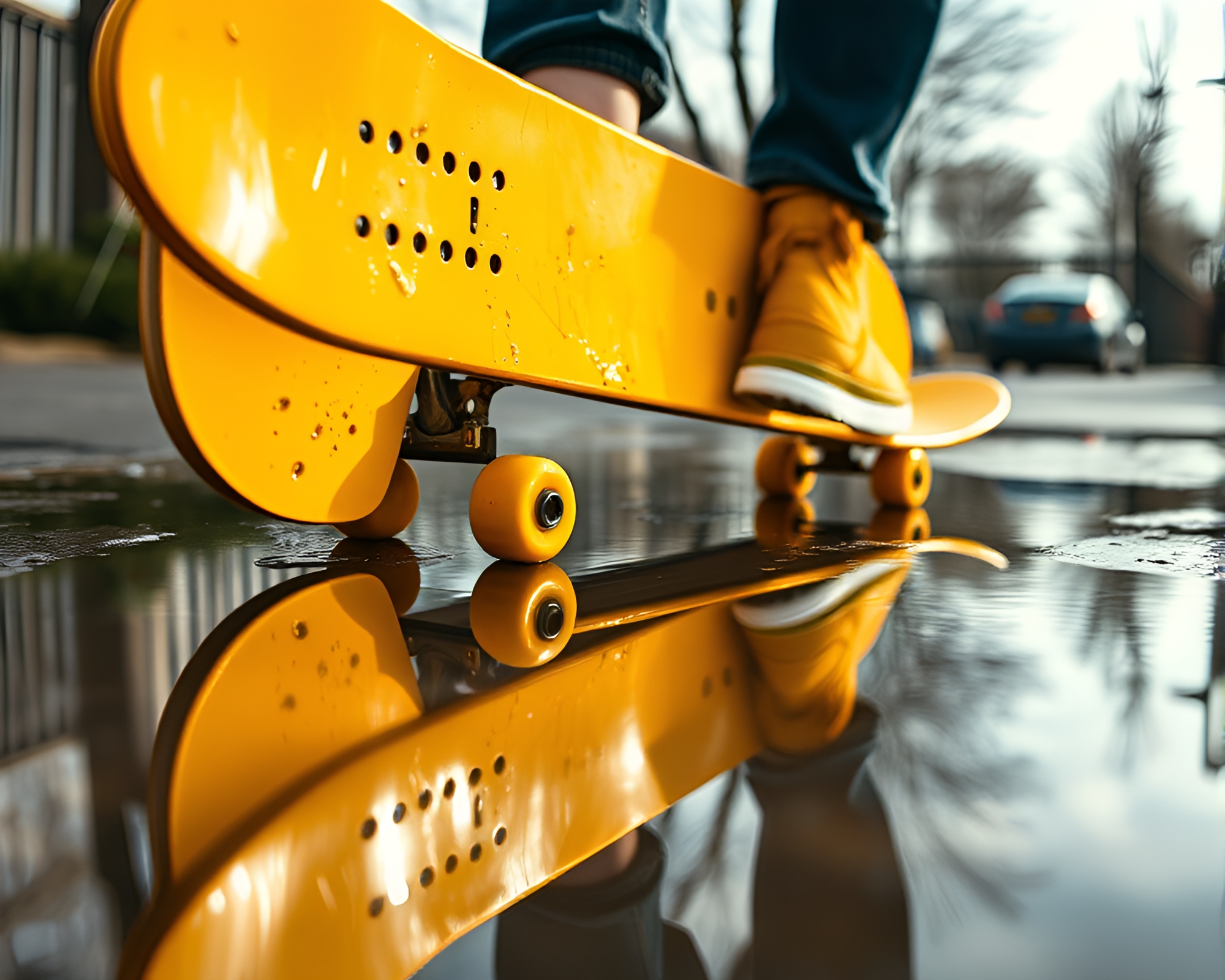 Skateboard Trick Reflection in Mustard Puddle – free AI stock image